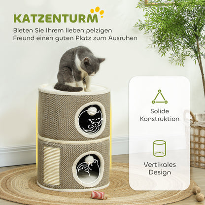 PawHut Katzenhöhle, 3 Etagen, Katzenhaus, Plüsch, Kissen, Sisal-Kratzbrett, Φ40 x 56H cm, Kaffee/Cremeweiß