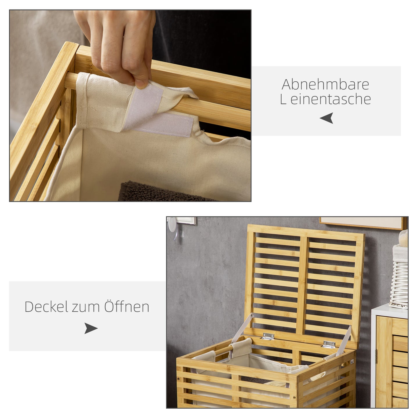 HOMCOM Bambus Wäschekorb mit 63 L Wäschesammler mit Deckel Wäschesack, Stange 44 x 37 x 62,5 cm Naturholz