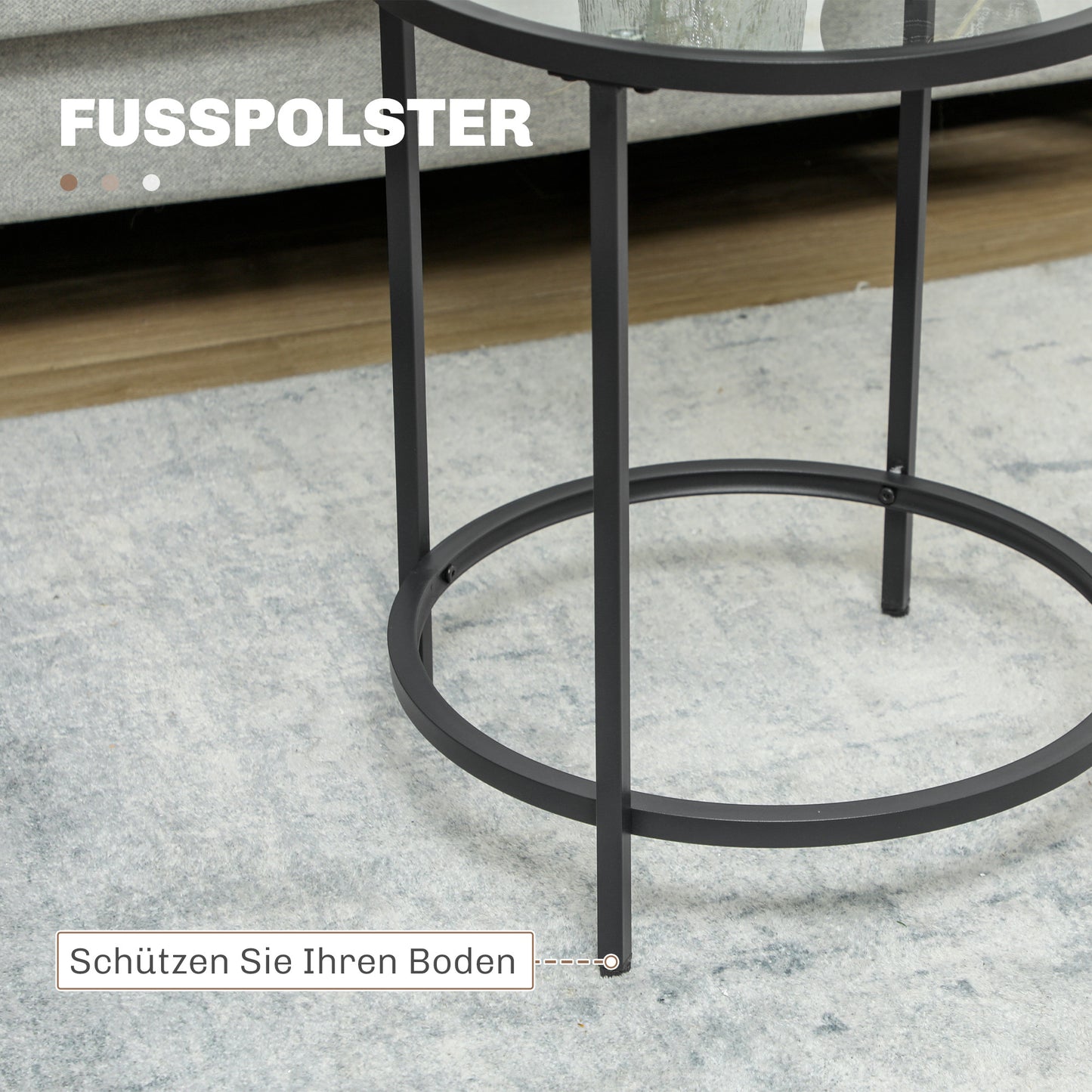 HOMCOM Runder Beistelltisch mit Glasplatte und Metallrahmen, kleiner Kaffeetisch für Wohnzimmer, Schlafzimmer, Schwarz