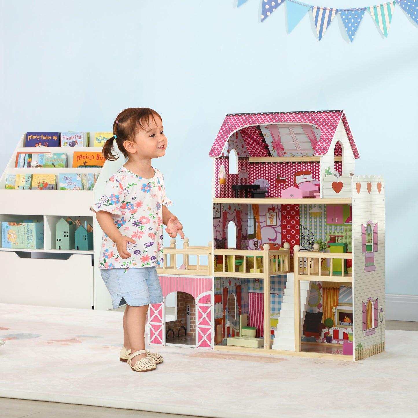 AIYAPLAY Puppenhaus, 3 Etagen, 13 Möbelstücke, Garage, Rutschen & Balkon, 114 x 32 x 92 cm, Rosa