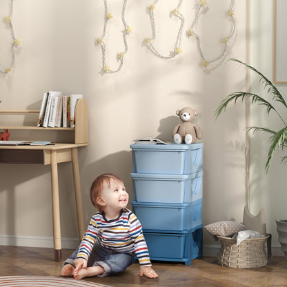 HOMCOM Aufbewahrungsboxen für Kinder, 4 Schubladen, abgerundete Kanten, erhöhtes Design, Kunststoff, Blau