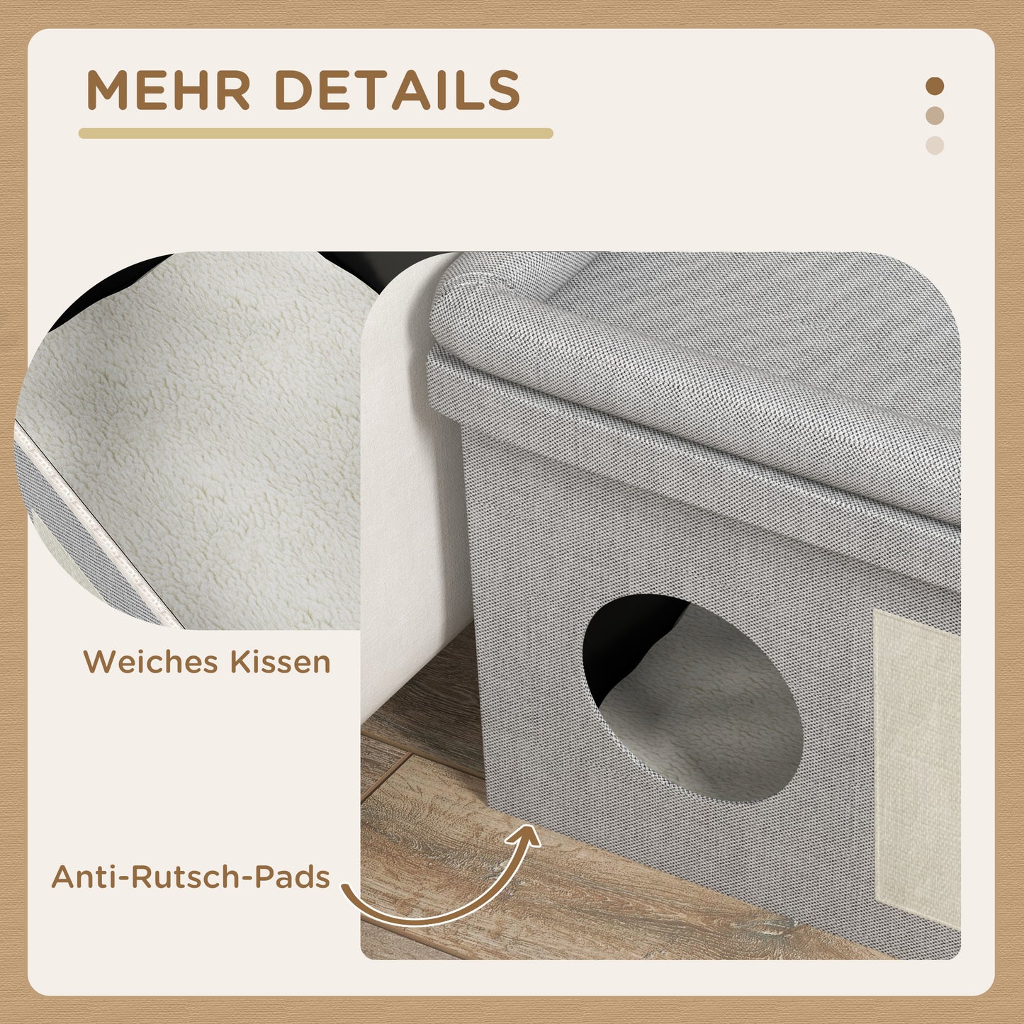 PawHut Katzenhaus, Futterplatz mit 2 Edelstahlnäpfen, Kratzmatte, weiches Liegekissen, 78 x 48 x 49,5 سم, غراو