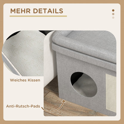PawHut Katzenhaus, Futterplatz mit 2 Edelstahlnäpfen, Kratzmatte, weiches Liegekissen, 78 x 48 x 49,5 سم, غراو