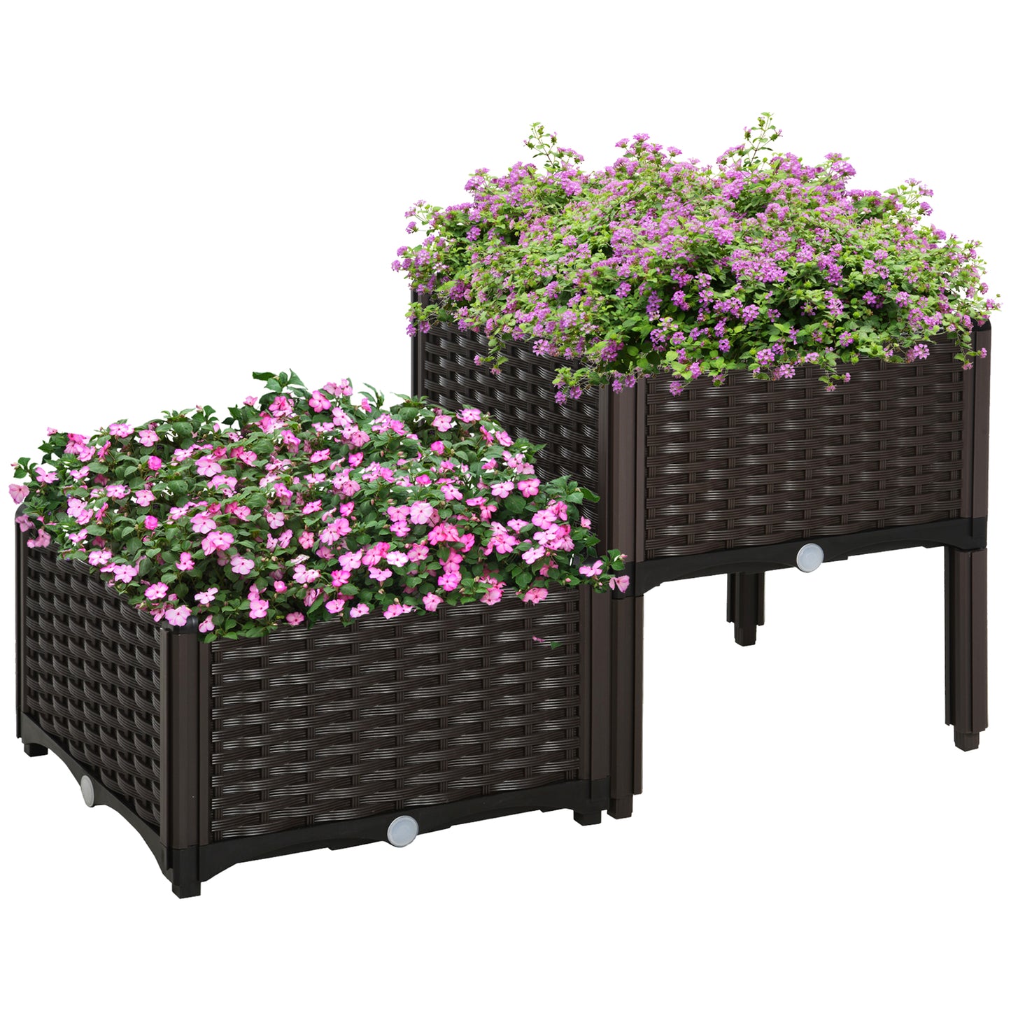 Outsunny Hochbeet, Pflanzkasten mit Abflusslöchern, Blumenkasten im Rattan-Look, Kunststoff, Braun, 40 x 40 x 44 cm
