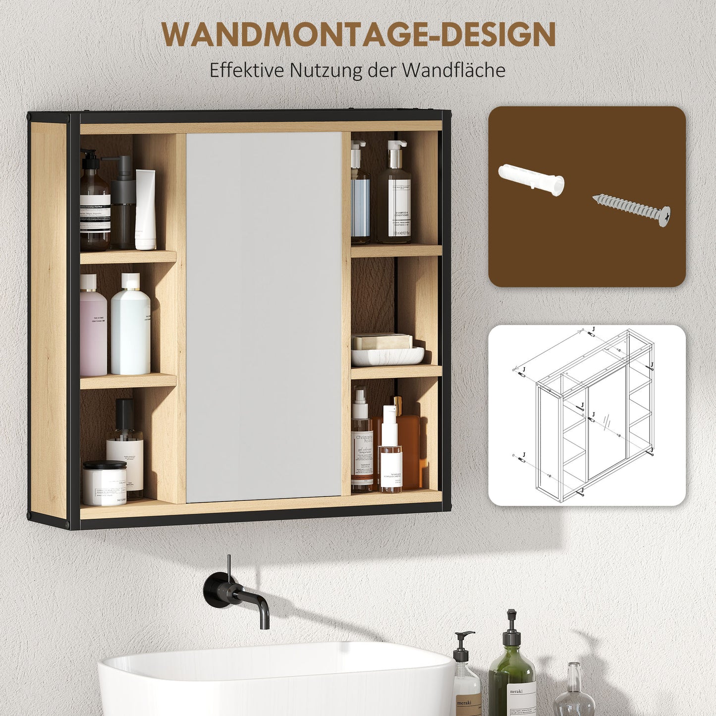 HOMCOM Badezimmer-Spiegelschrank, 6 offene Fächer, 3-stufiges Regal, Wandmontage, Eiche