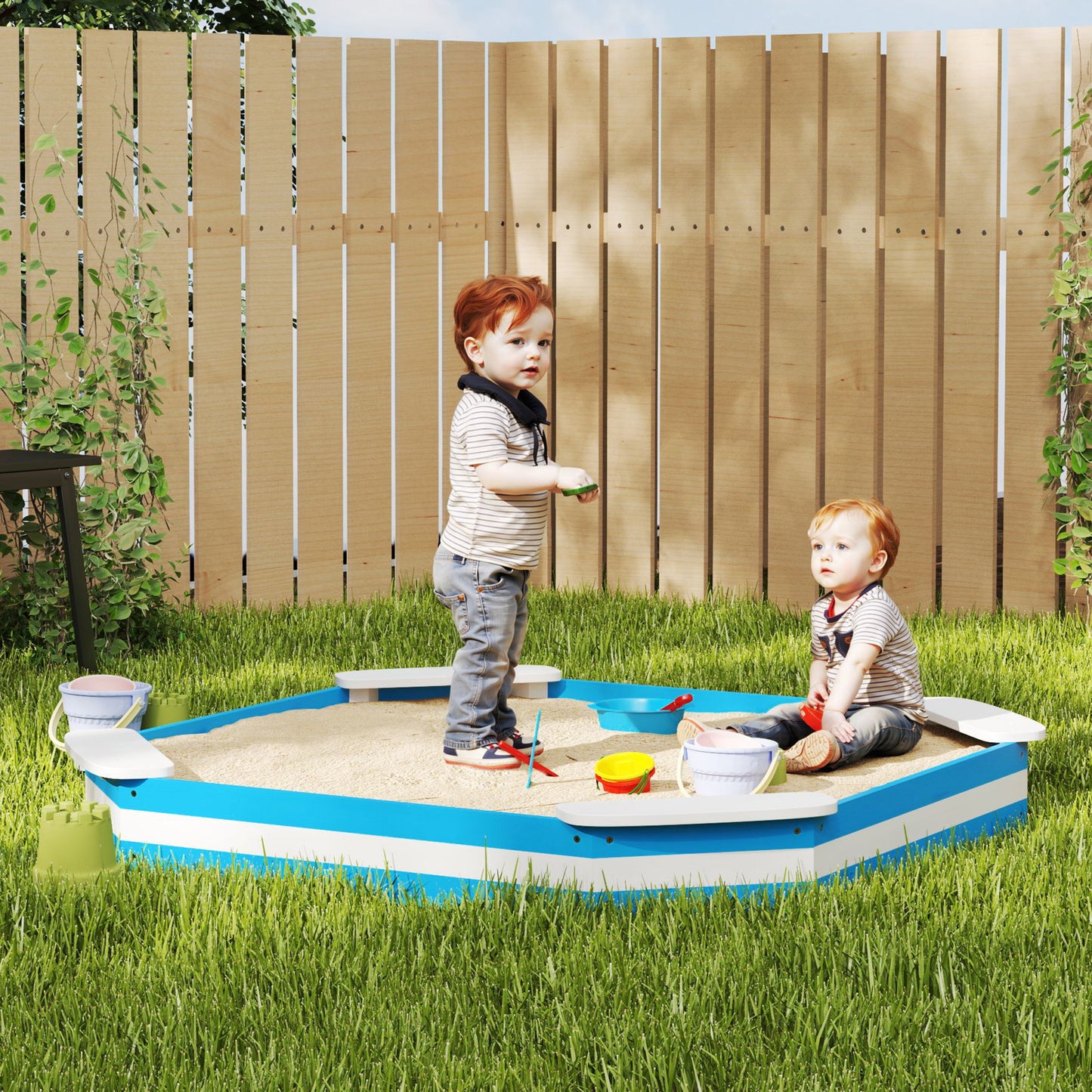 AIYAPLAY Sandkasten für Kinder, Sandkiste mit 4 Sitzen, Fichtenholz, bodenlos, Blau