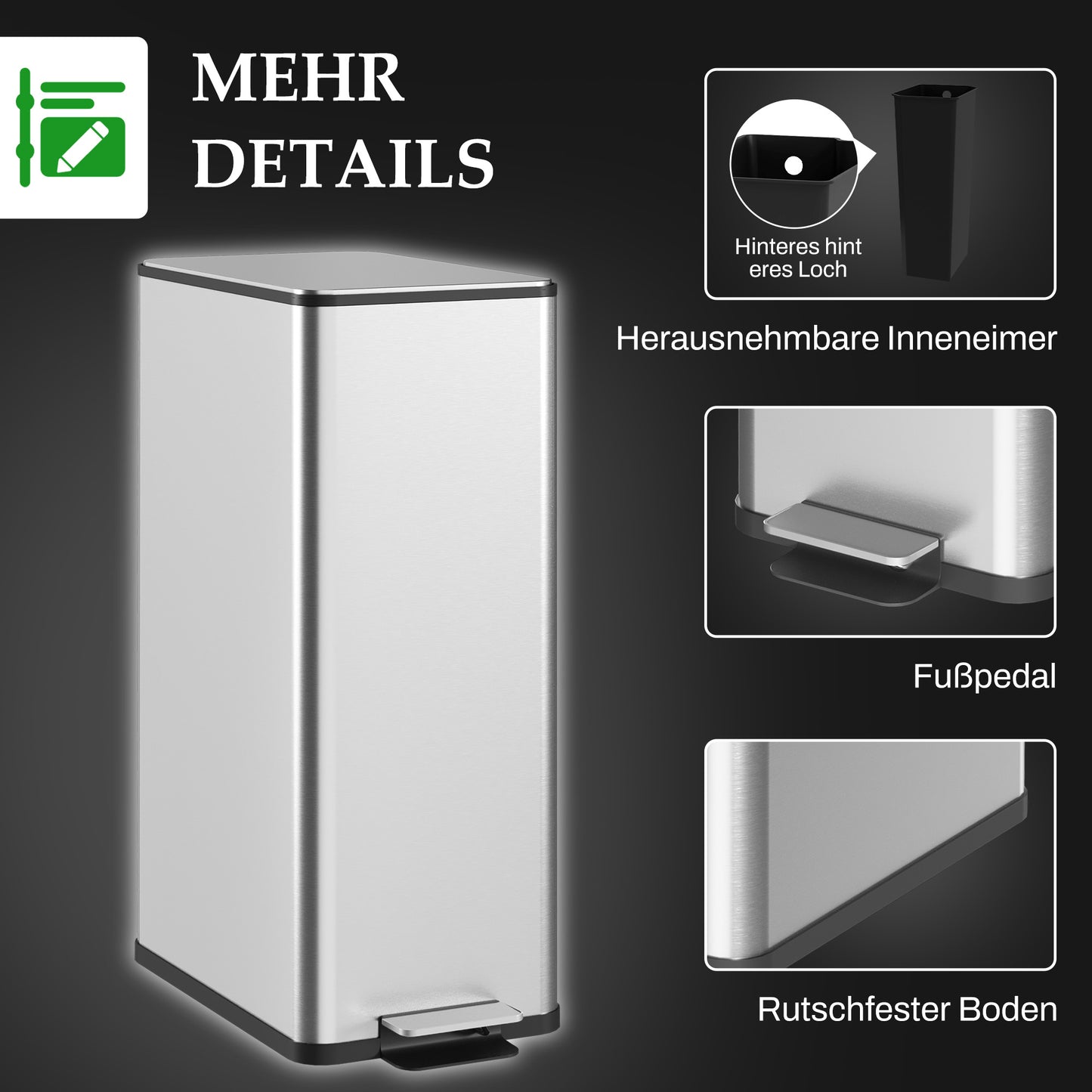 HOMCOM Mülleimer 20L, Soft-Close-Deckel, Deodorant-Fach, Fingerabdrucksicher, Edelstahl, Silber
