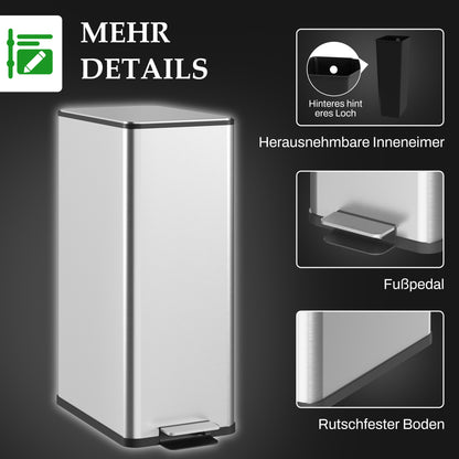 HOMCOM Mülleimer 20L, Soft-Close-Deckel, Deodorant-Fach, Fingerabdrucksicher, Edelstahl, Silber