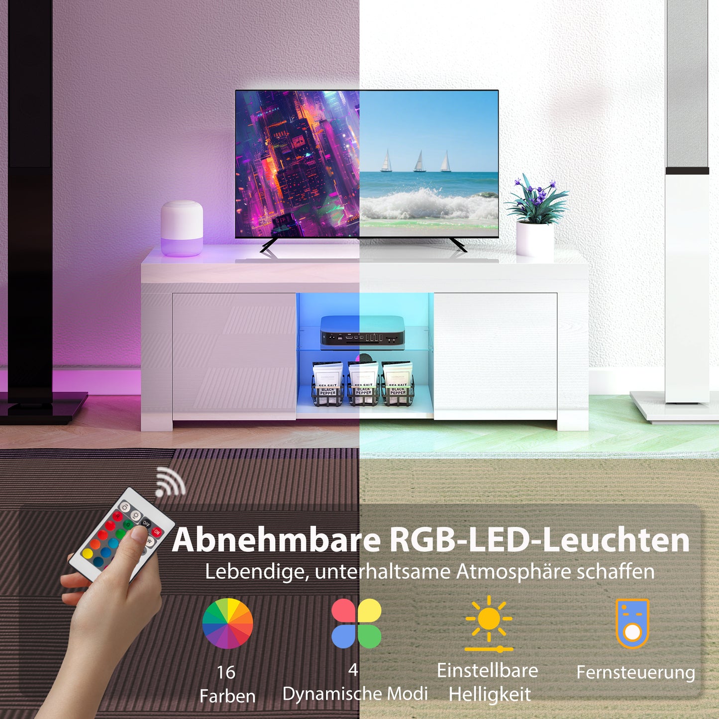 HOMCOM TV-Schrank mit LED-Beleuchtung, 2 Schranktüren, Glasregal, Kabellöcher, für Wohnzimmer, Spanplatte, Weiß