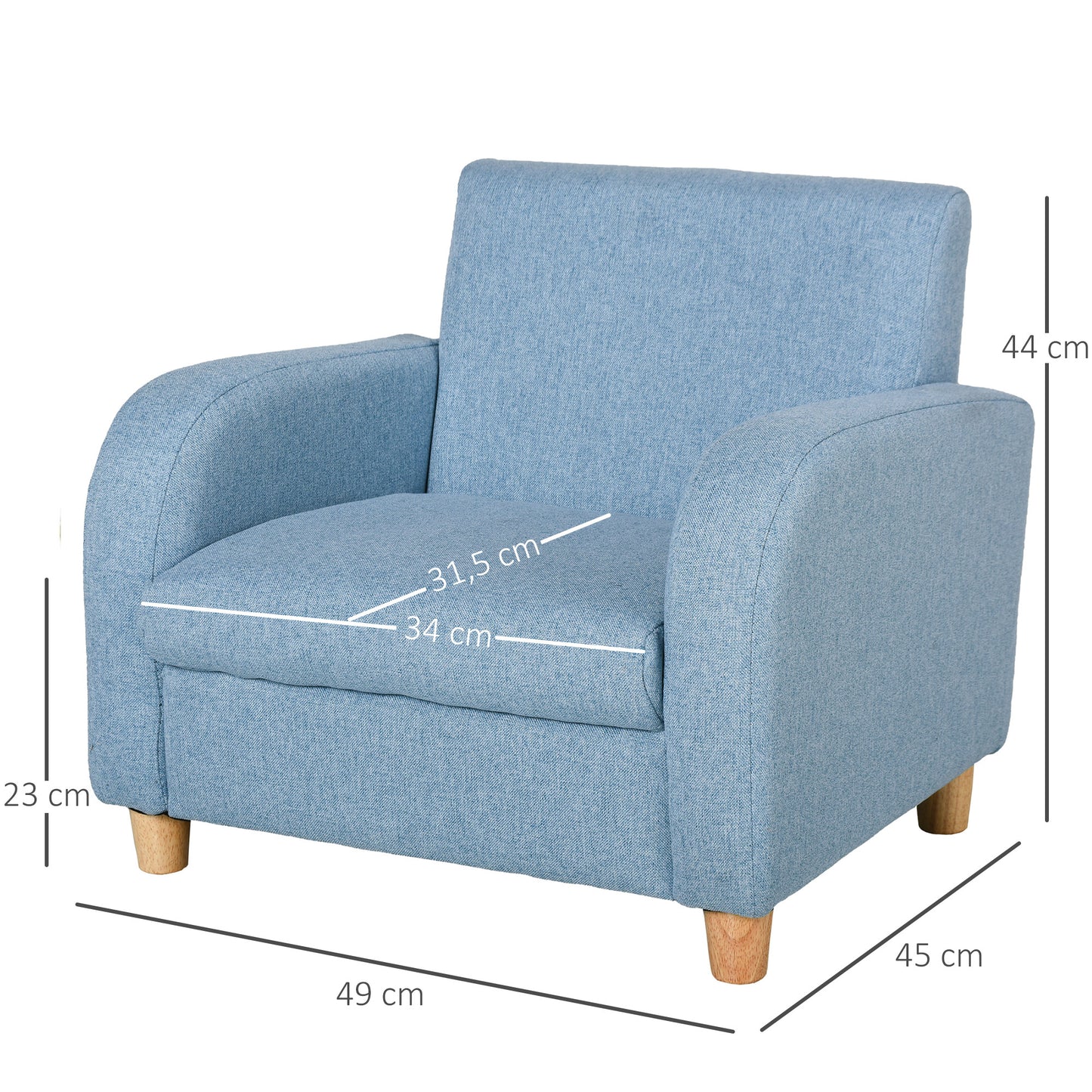 HOMCOM Kindersessel Kindersofa mit Leinen-Optik, massiven Holzfüßen Sessel aus Schaumstoff Kinderstuhl für Kinderzimmer, Spielzimmer, 49 x 45 x 44 cm, für Kinder 3-5 Jahre Blau