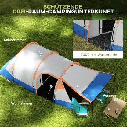 Outsunny Campingzelt, für 3 Personen, Laternenhaken, drei Eingänge, wasserdicht, Orange