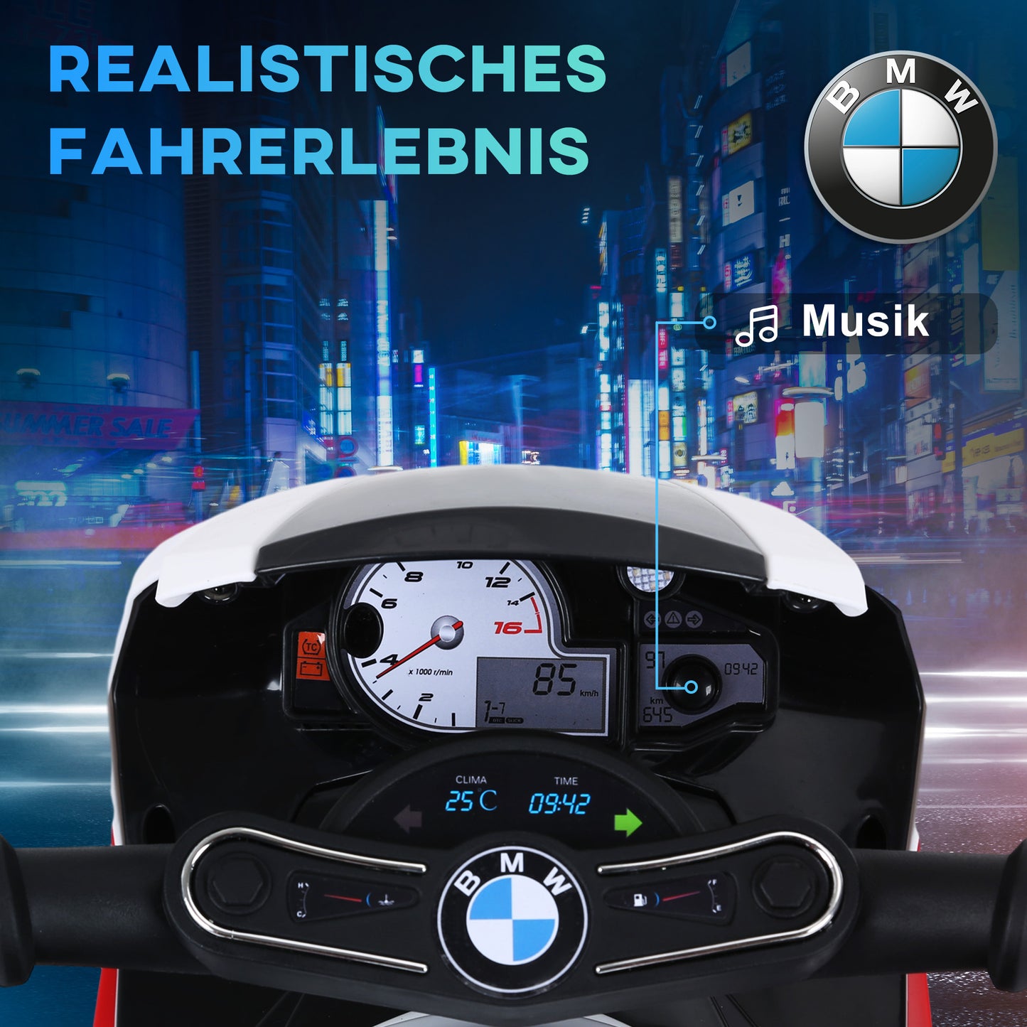 HOMCOM Elektro Kindermotorrad BMW S1000RR Elektromotorrad mit Musik, Scheinwerfer, Kinder Elektro Motorrad für Kinder von 18-36 Monaten Rot
