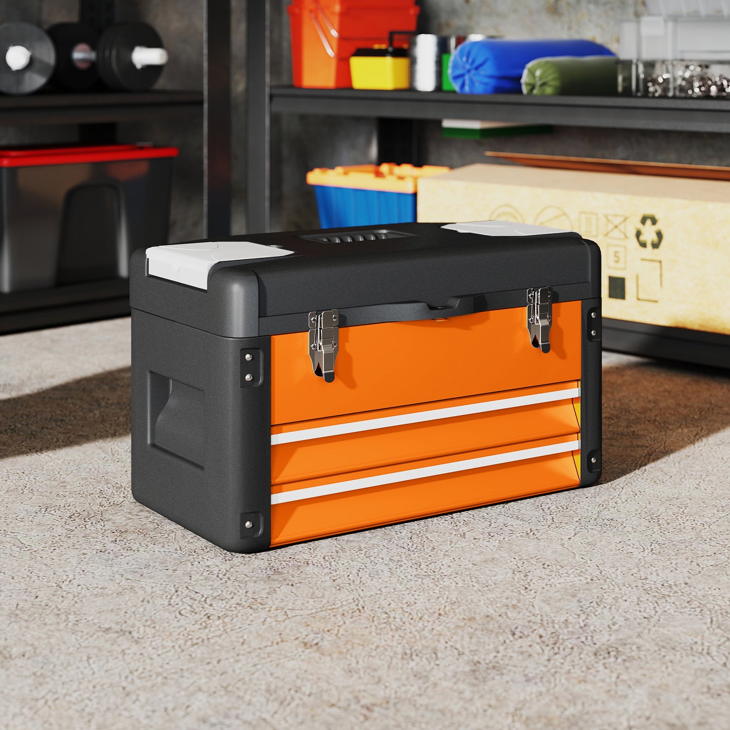 HOMCOM Werkzeugkiste leer, 49,7 x 25,3 x 28,9 cm Werkzeugkasten mit Schublade, Mini-Box Stahl Orange