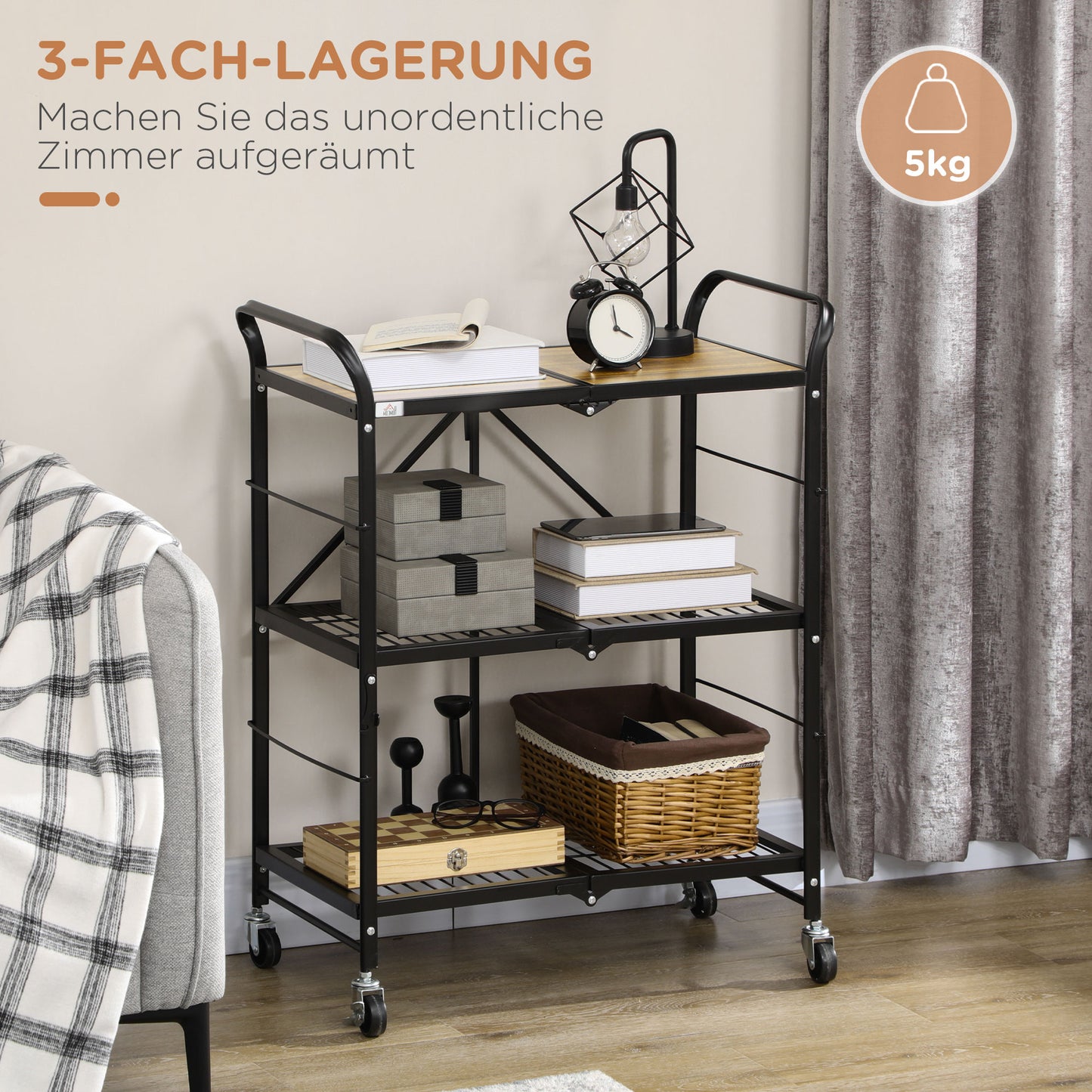 HOMCOM Küchenwagen im Industriedesign, mit 3 Regalen, Mehrzweckwagen, Servierwagen, 4 Räder, klappbar, Braun + Schwarz