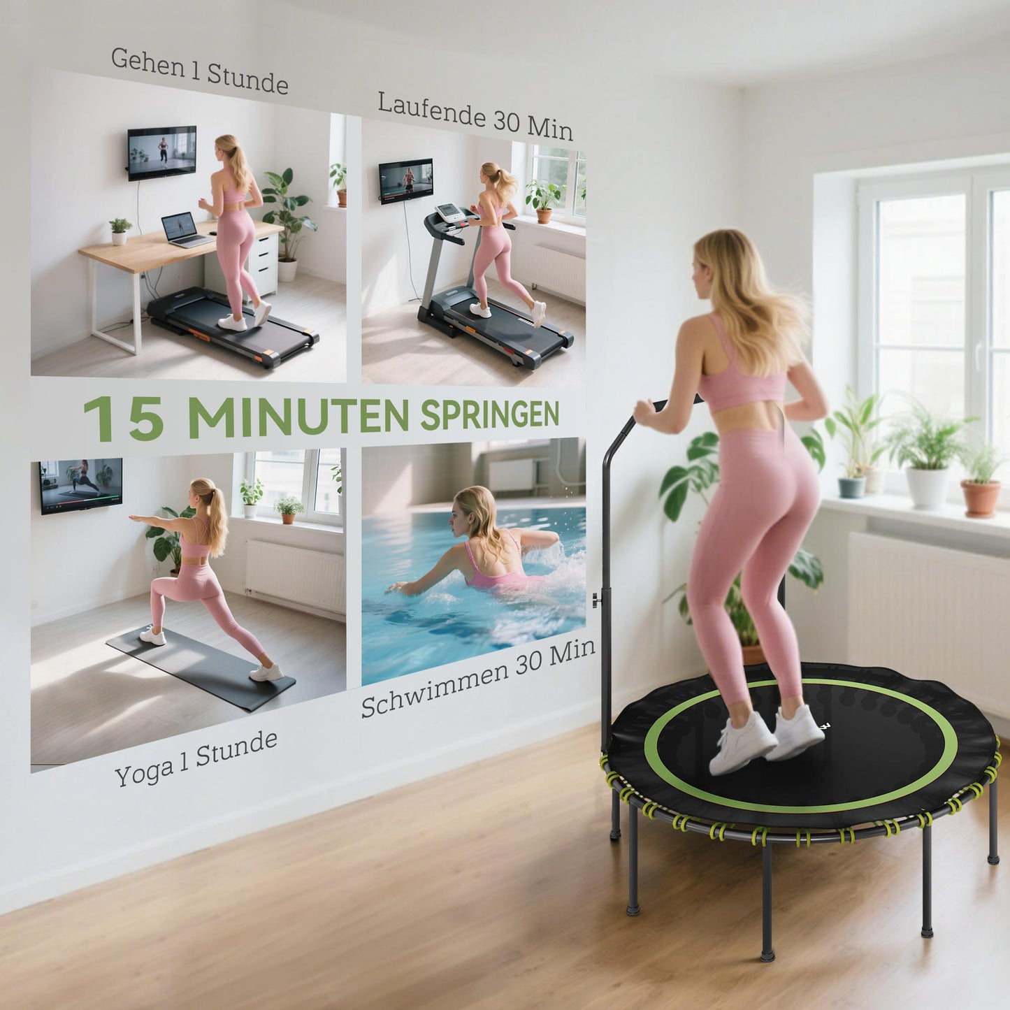 SPORTNOW Fitness-Trampolin mit verstellbarem Handlauf, Sport-Trampolin für drinnen und draußen, Stahl, Kunststoff, Grün