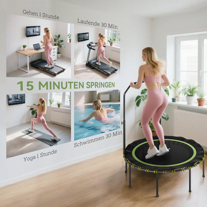 SPORTNOW Fitness-Trampolin mit verstellbarem Handlauf, Sport-Trampolin für drinnen und draußen, Stahl, Kunststoff, Grün