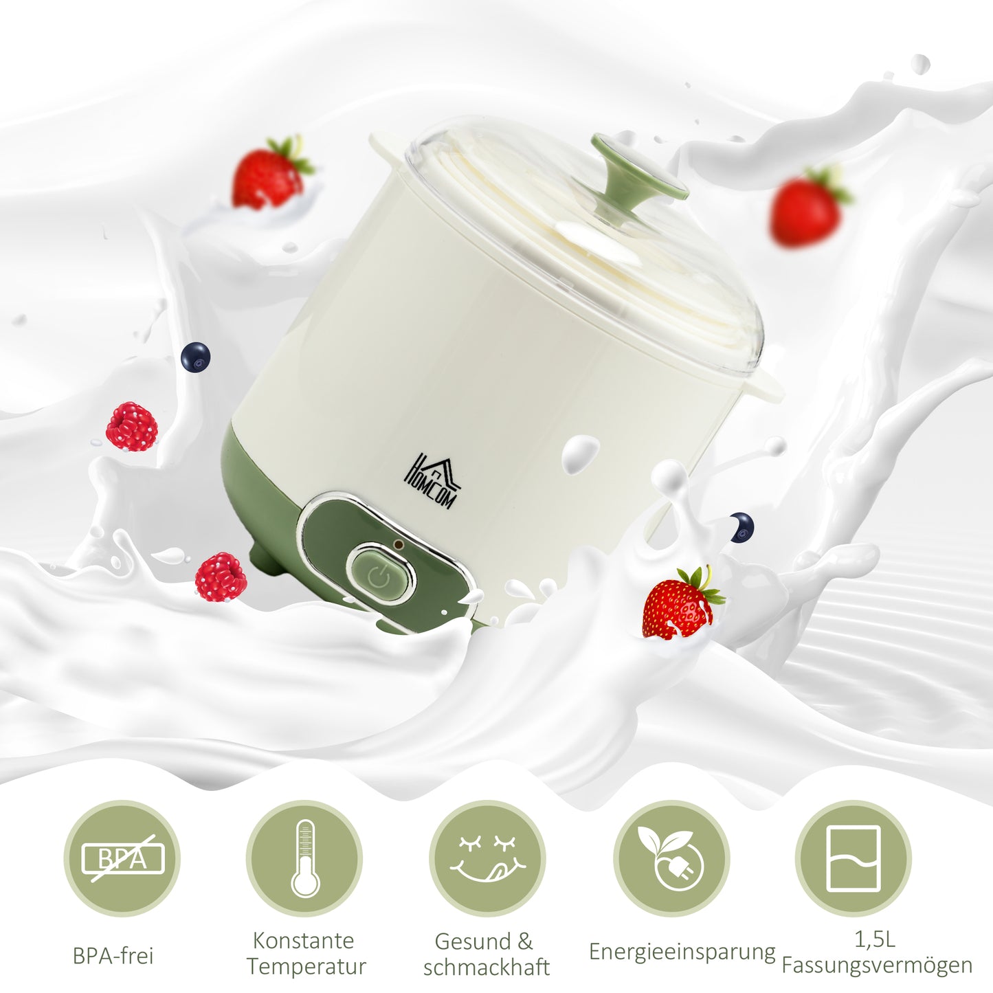 HOMCOM Joghurtbereiter, 1,5 L Joghurtmaschine mit 2 Gläsern, Sieb, Deckel, 20 W Joghurt-Maker für griechischen Joghurt, für 3–5 Personen, 19,5x17,5x21,4 cm, Weiß