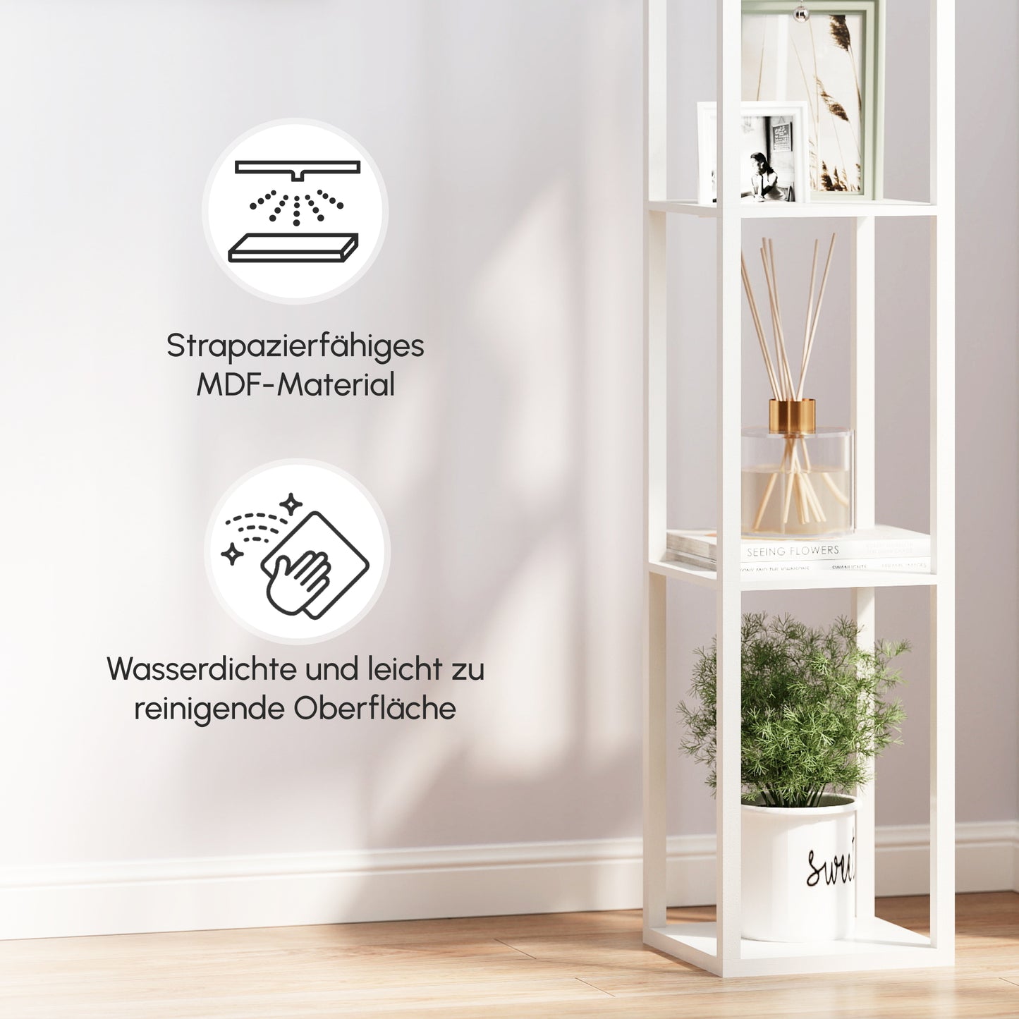 HOMCOM Stehlampe mit Regalen, Stehleuchte, Holz, 26 x 26 x 160 cm, für Wohn-/Schlafzimmer (Ohne Glühbirne)