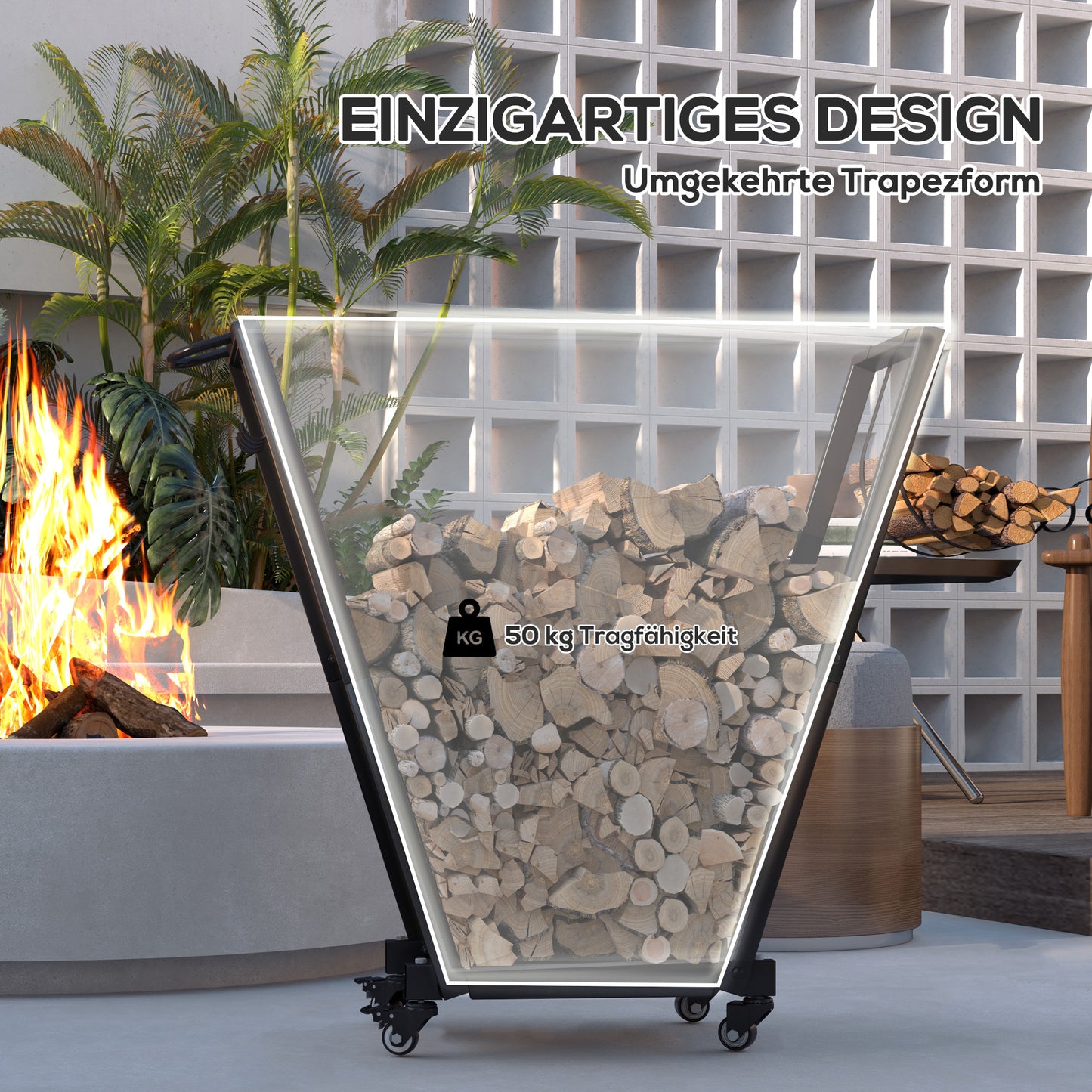 Outsunny Feuerholzgestell, trapezförmiges Design, pulverbeschichteter Metall, mobil mit Rollen, 79 x 30 x 81 cm, Schwarz