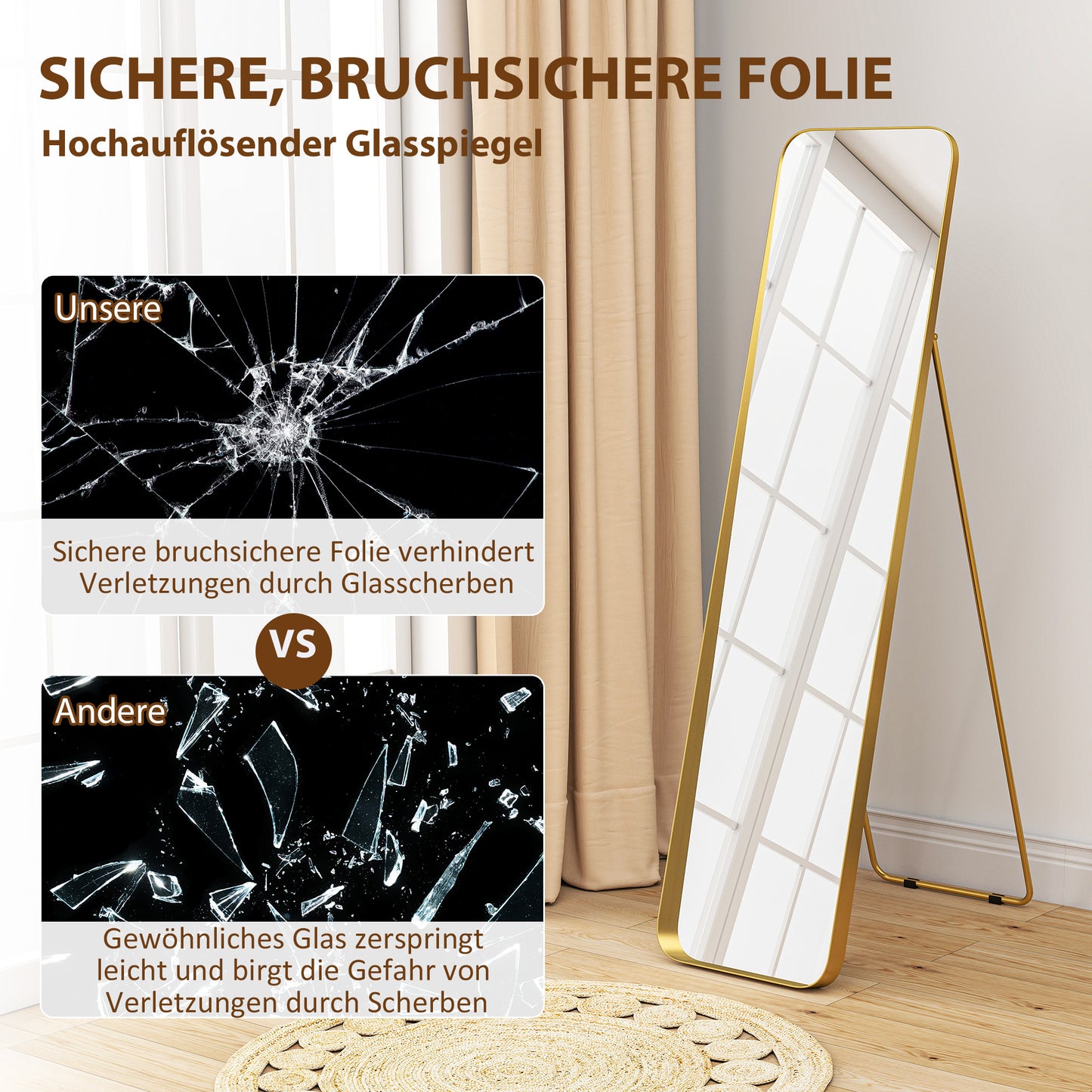 HOMCOM Ganzkörperspiegel, freistehend, neigbar, Metallrahmen, MDF, 160 x 40 cm, Goldfarben