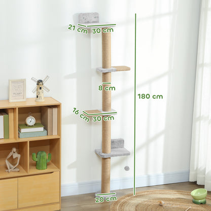PawHut Katzenkratzbaum, 5-stufiges Design, Spielzeug, Sisalpfosten, Plüschstoff, Hellgrau