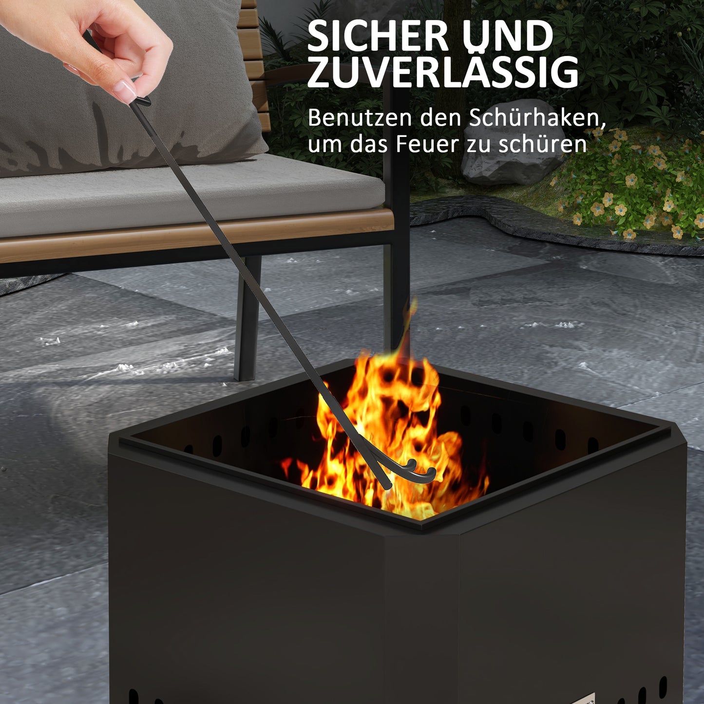 Outsunny Feuerschale Feuerstelle, inkl. Schürhaken, 48 x 48 x 41 cm, Schwarz