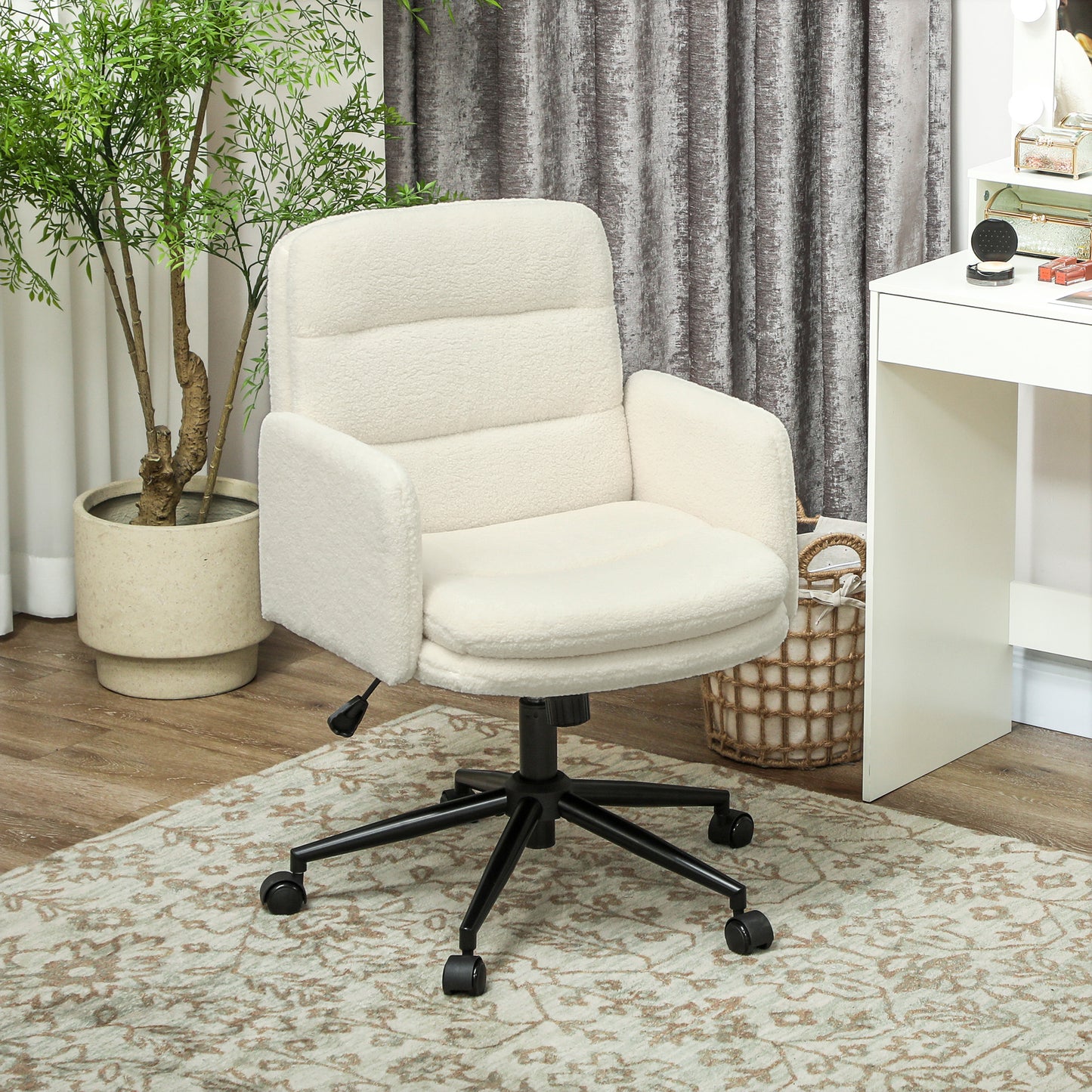 HOMCOM Fahrbarer Bürostuhl mit Stoffbezug, Armlehne, 5 Räder, drehbar, Cremeweiß