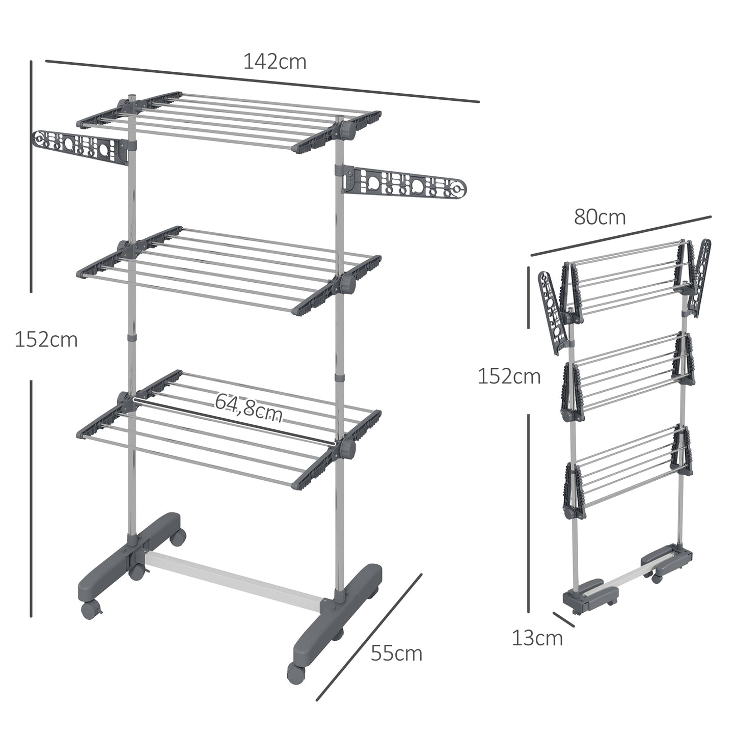 HOMCOM Wäschenständer Wäschetrockner. 4 Ebenen, klappbar, One-Klick-System, 142 cm x 55 cm x 152 cm Blau + Silber
