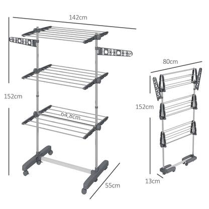 HOMCOM Wäschenständer Wäschetrockner. 4 Ebenen, klappbar, One-Klick-System, 142 cm x 55 cm x 152 cm Blau + Silber