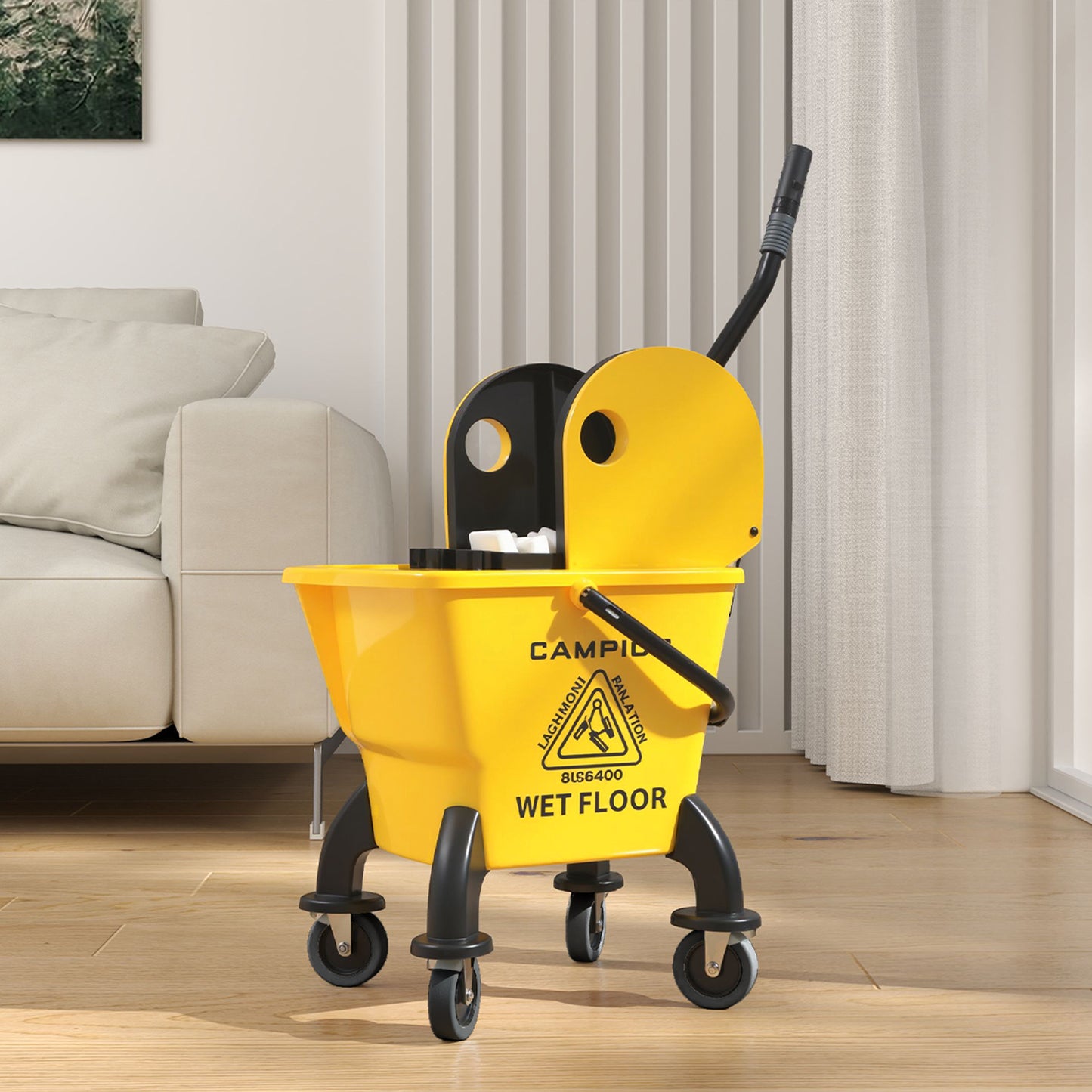 HOMCOM Rollbarer Mopp-Eimer، Wischeimer mit Auswringer und Mopp، 26 لتر، جيلب