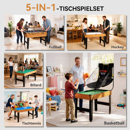 SPORTNOW 5-in-1 Multispiel-Tisch, 53 Zubehör-Teile, Tischfußball, Tischhockey , Tischtennis, Billard, Basketball, Walnuss