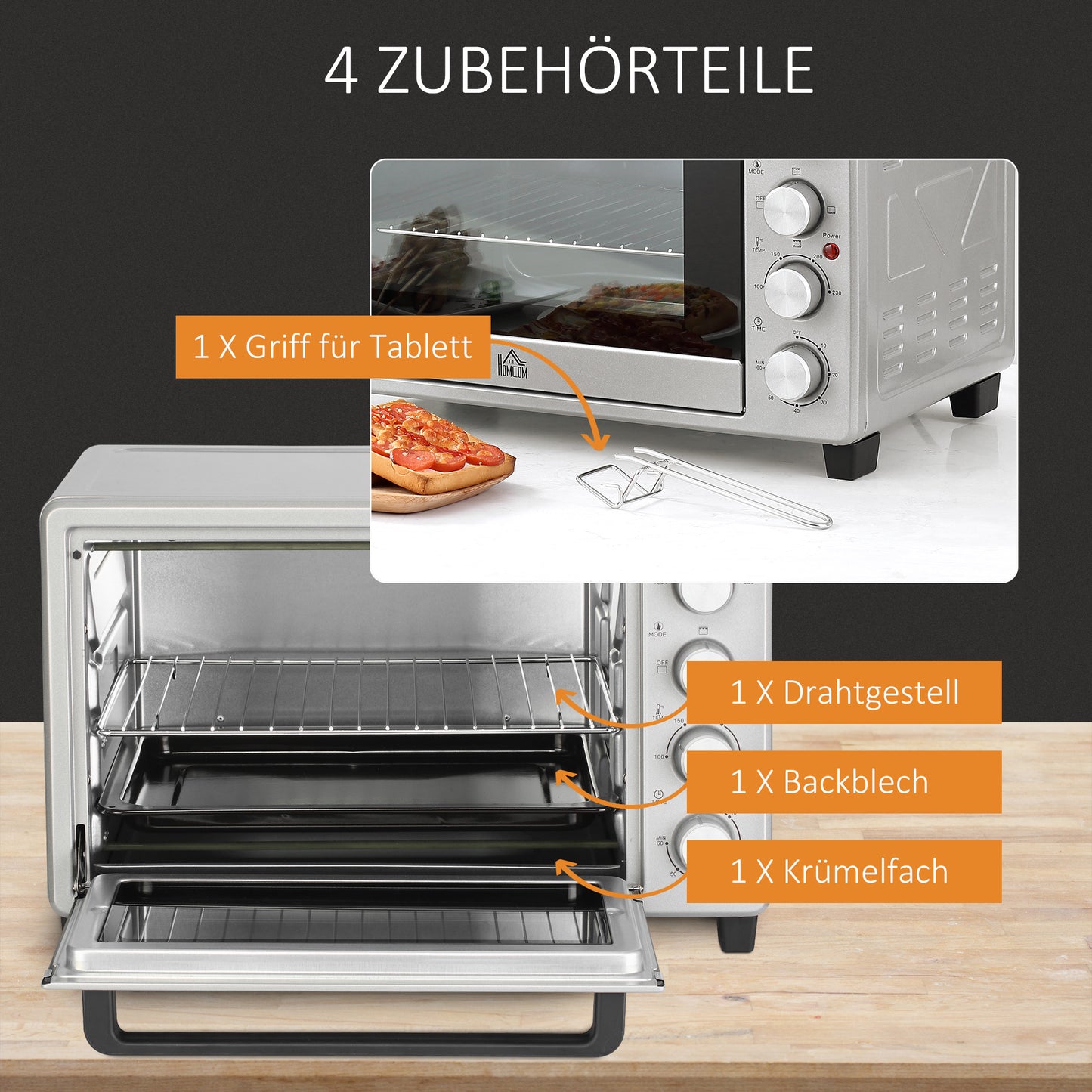 HOMCOM Mini Backofen 32L 100 °C-230 °C 1600 W Mini Ofen mit Backblech Krümelblech Grillrost und 3 Kochmodi Pizzaofen mit Timer Backblech-Griff Edelstahl Silber