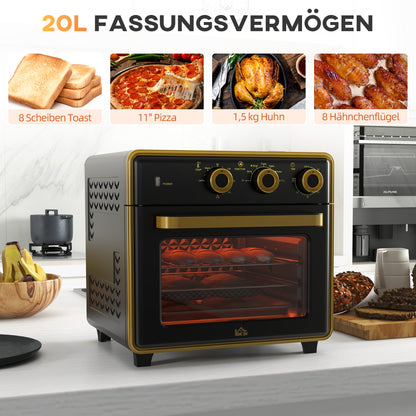HOMCOM Mini-Backofen, 20 Liter, ölfreies Frittieren, Grillen, Backen, Umluft, 90-230° C, Timer, 1400W, schwarz+gold