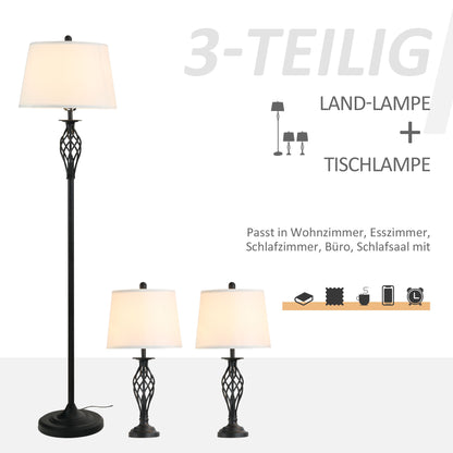 HOMCOM 3er-Lampenset 2 Tischlampe(ø38 x 158H cm) + 1 Stehlampe(ø30 x 62H cm) Vintage Standlampe mit Fußschalter Leselampe für Wohnzimmer, Schlafzimmer Metall, Schwarz+Weiß