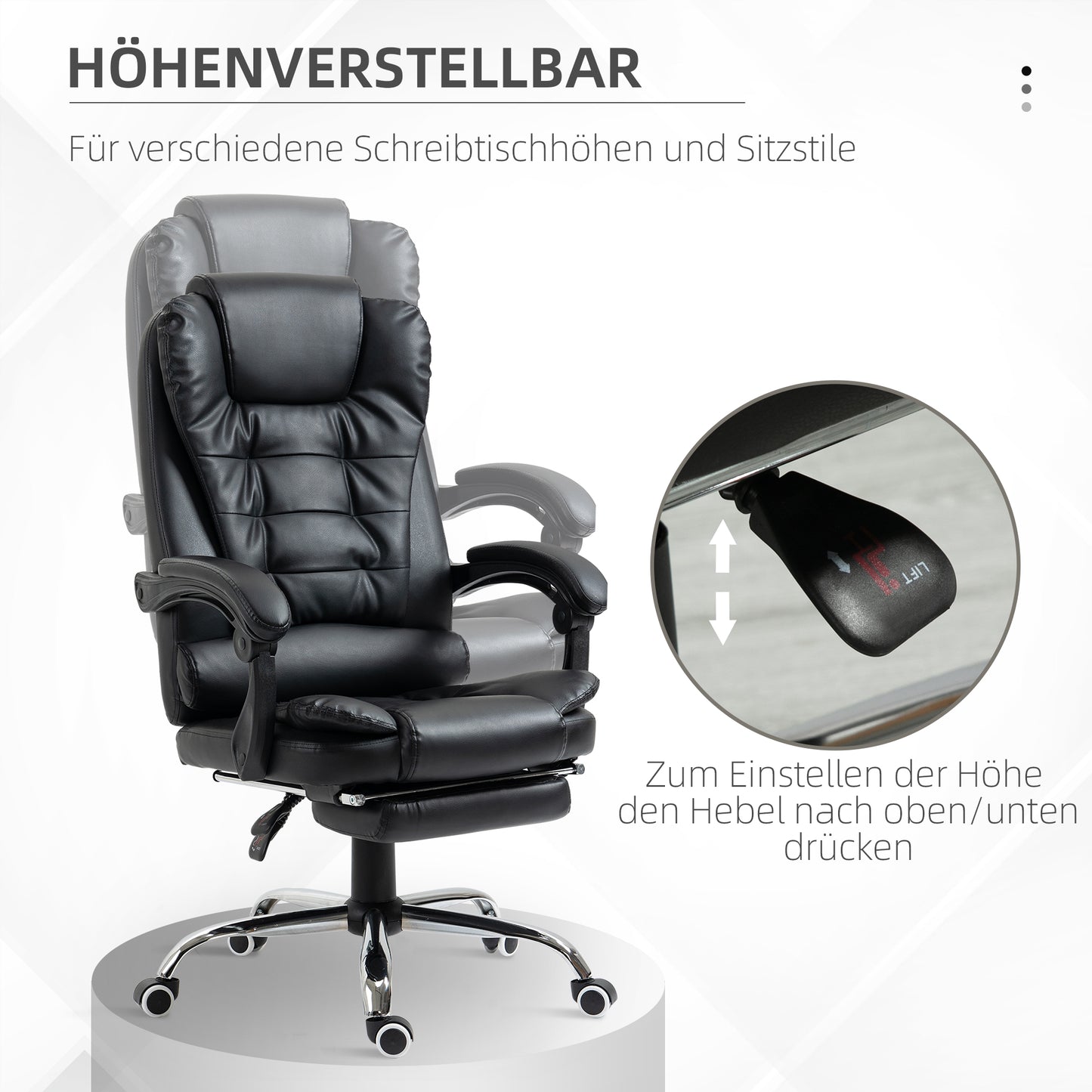 HOMCOM Bürostuhl mit Fußstütze, Schreibtischstuhl, verstellbare Rückenlehne, höhenverstellbar, Schwarz