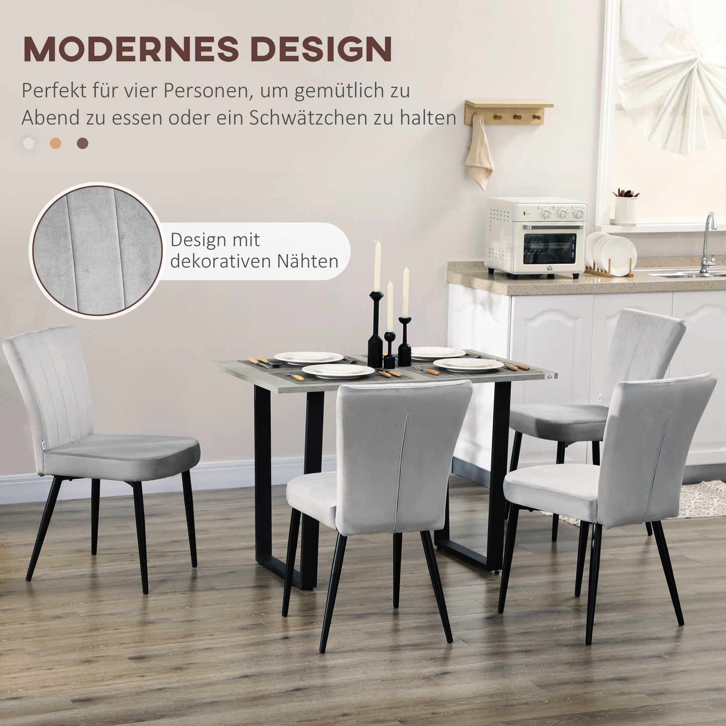HOMCOM 4er-Set Esszimmerstühle، Akzentstühle für Kitchen and Esszimmer، Stuhlset، Velours-Optik، Hellgrau + Schwarz