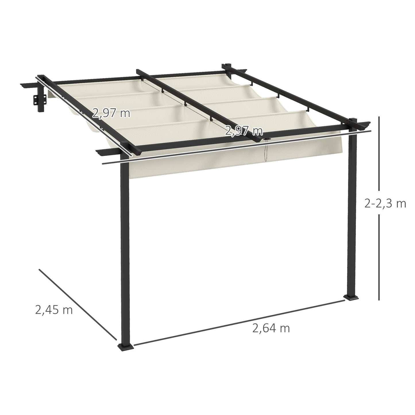 Outsunny Gartenpavillon 3 x 3m, einziehbares Dach, Wandmontage, Metallrahmen, Cremeweiß