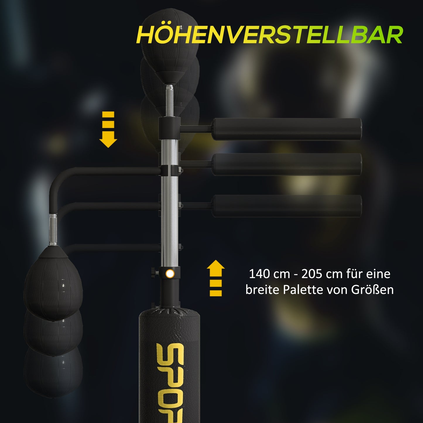SPORTNOW Boxstand, zwei Speedballs, drehbare Boxstange, Kickpolster, höhenverstellbar, Stahl, 107 x 36 x 140-205 cm, Schwarz