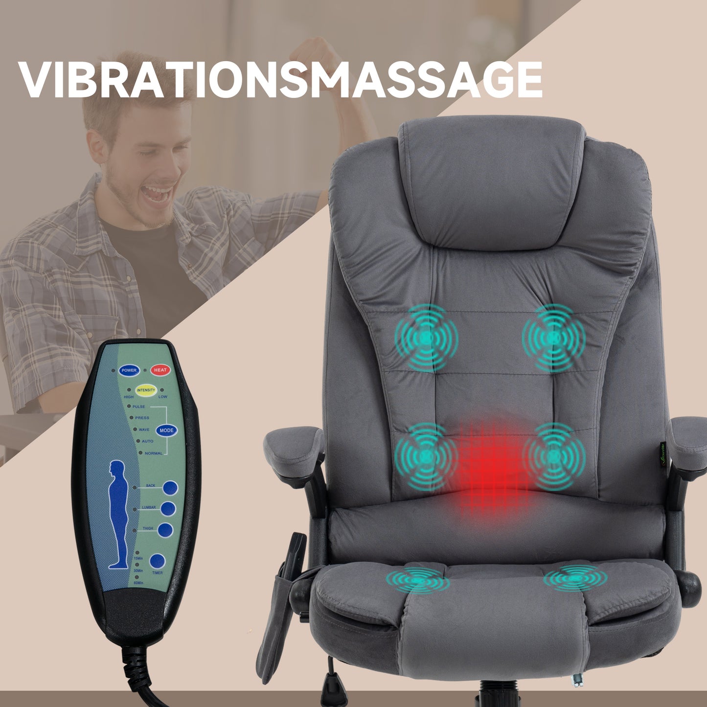 Vinsetto Bürostuhl mit Massage- & Wärmefunktion, ergonomisch, höhenverstellbar, Dunkelgrau