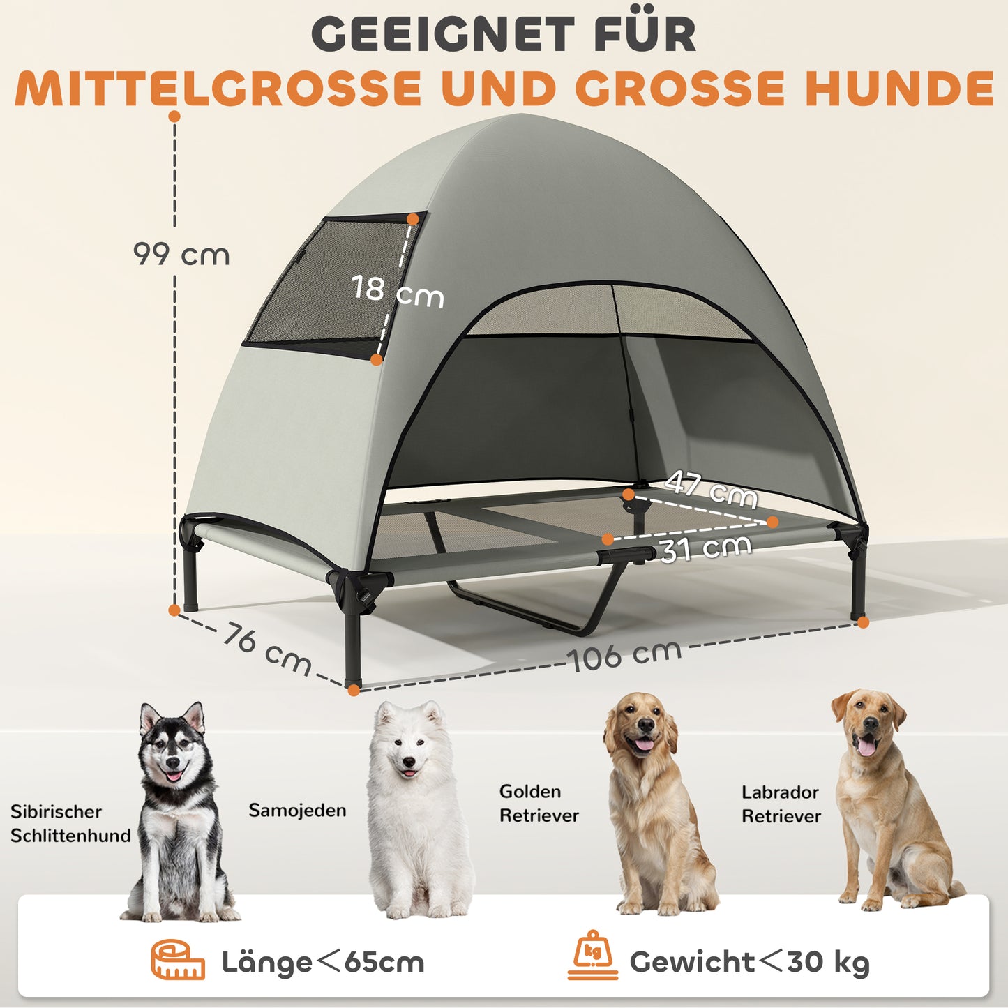 PawHut Hundeliege Outdoor mit Dach، Erhöhtes Hundebett für Große Hunde، 106 × 76 × 99 سم، Hellgrau