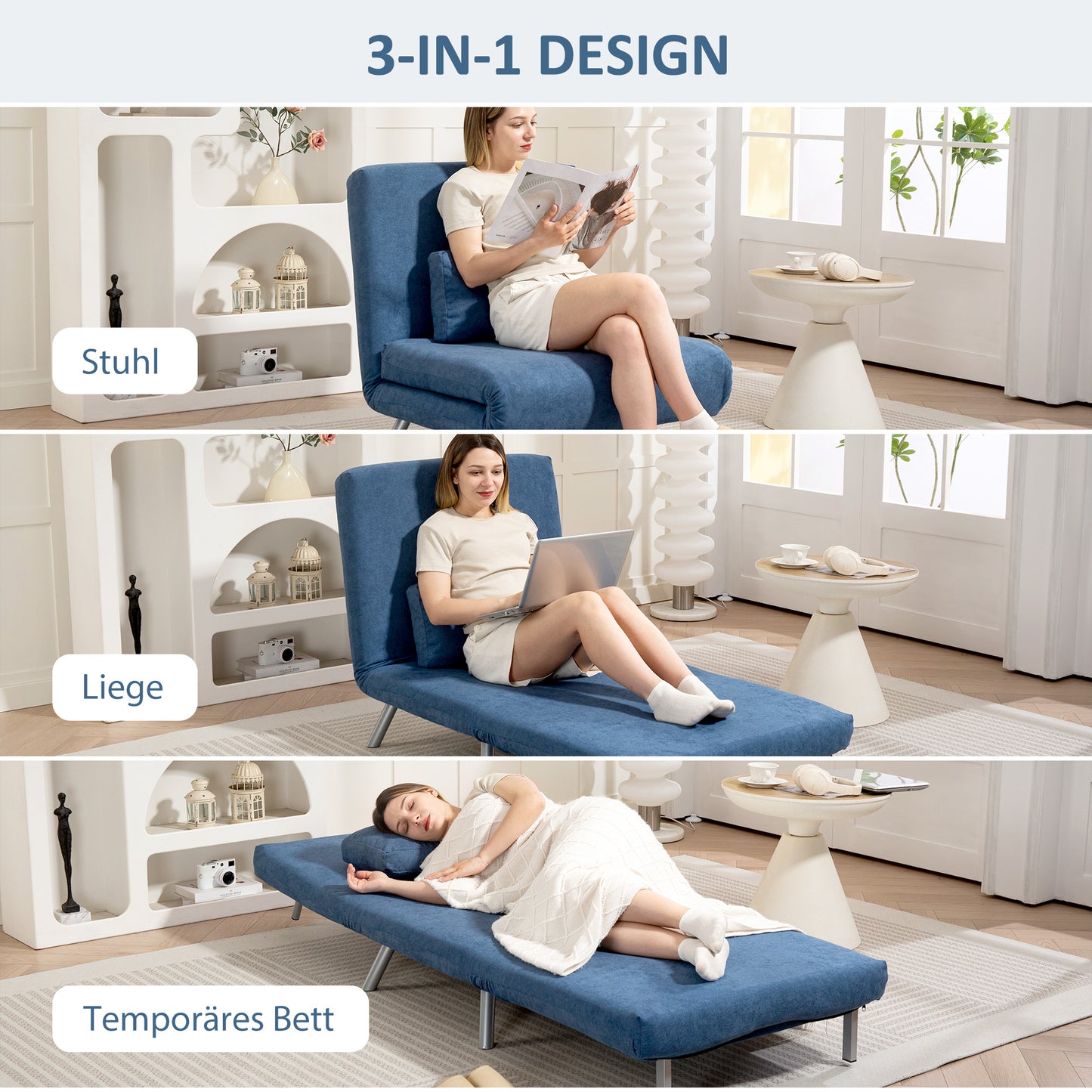 HOMCOM Polstersessel mit Bettfunktion، 3-in-1 Design، Schlafsessel، Gästebett، Stoffbezug، mit Kissen، Blau