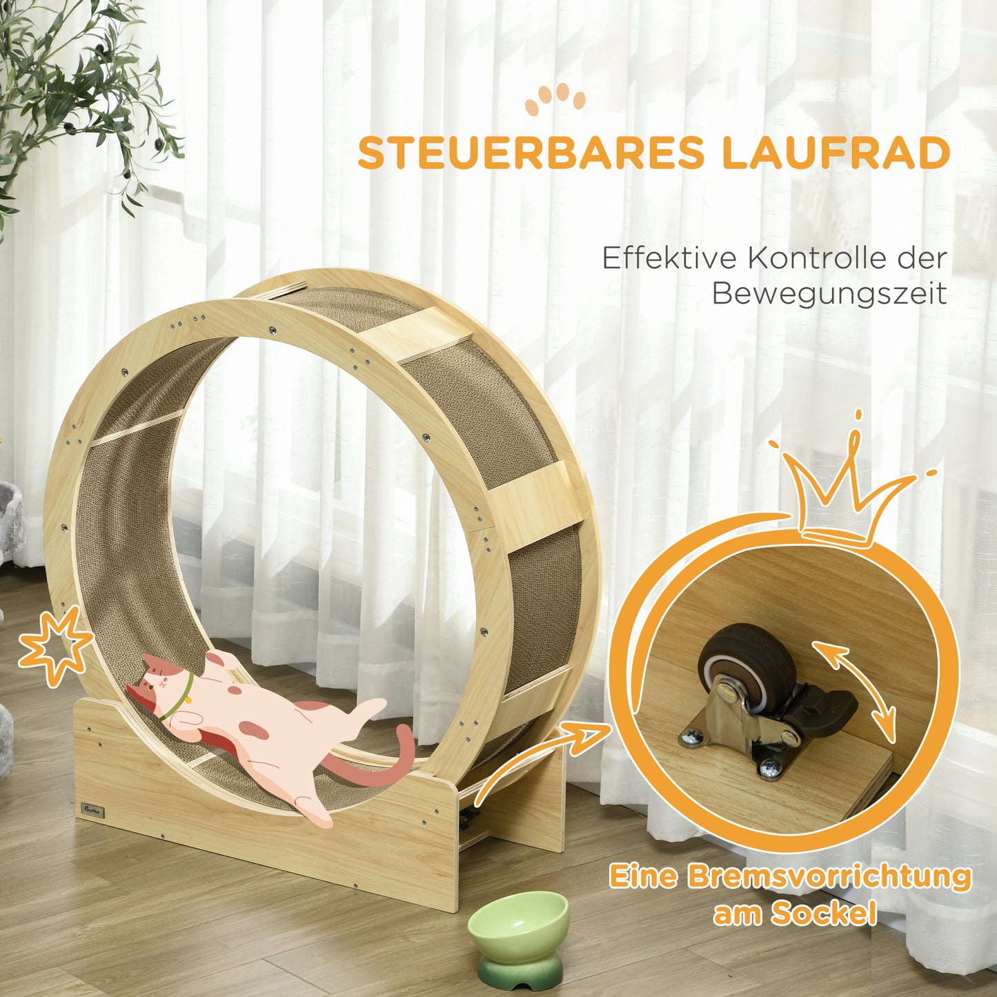 PawHut Katzenlaufrad 91 cm Katzenrad 91 cm mit Bremse, Kratzbrett, Eiche