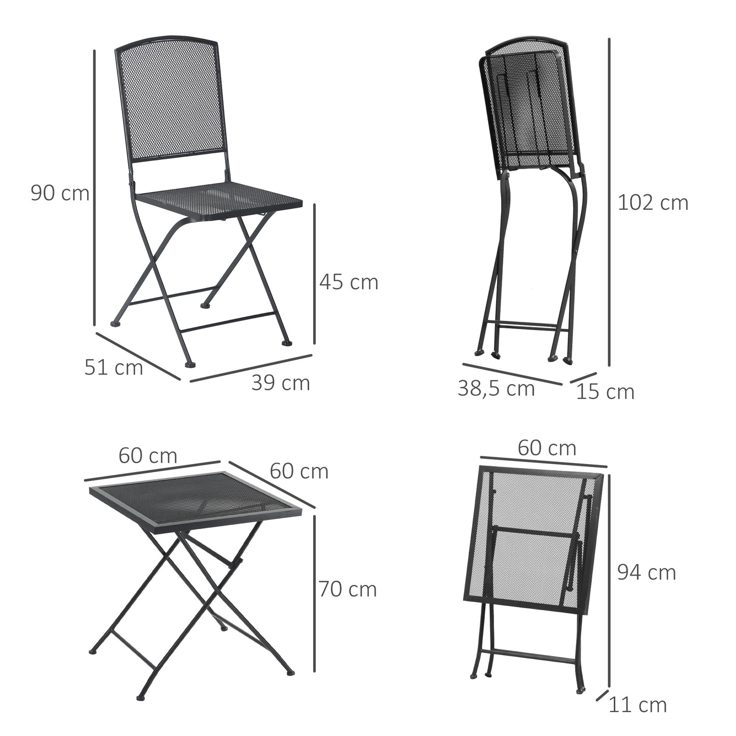 Outsunny Garten Sitzgruppe für 2 Personen Bistro-Set Garnitur 1 Tisch+2 faltbare Stühle für Terrasse Balkon Metall Grau