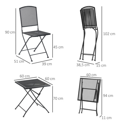 Outsunny Garten Sitzgruppe für 2 Personen Bistro-Set Garnitur 1 Tisch+2 faltbare Stühle für Terrasse Balkon Metall Grau