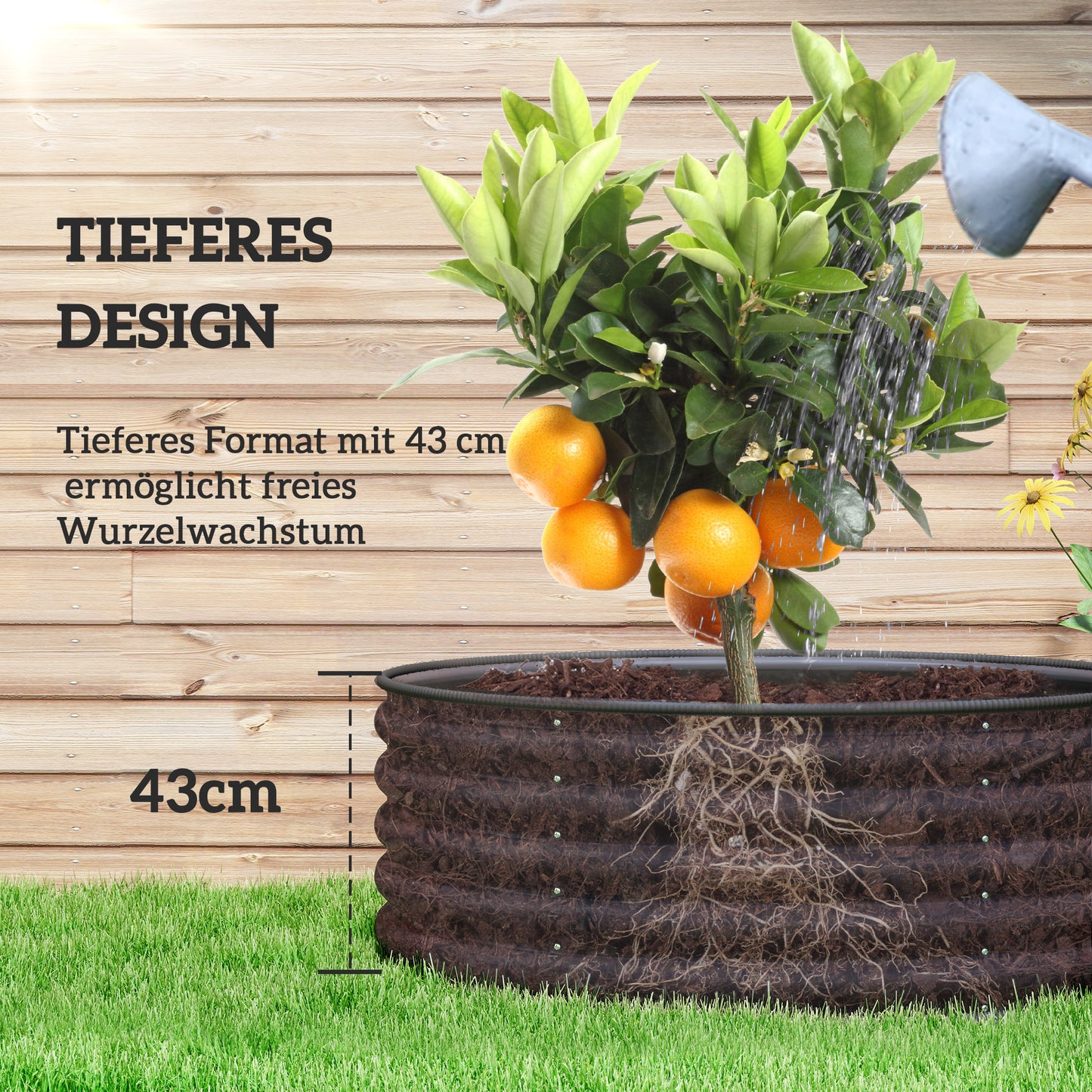 Outsunny Hochbeet, Verzinkter Pflanzkübel mit Sicherheitsrand, Pflanzbox mit offenem Boden, 120 x 120 x 43 cm, Dunkelgrau