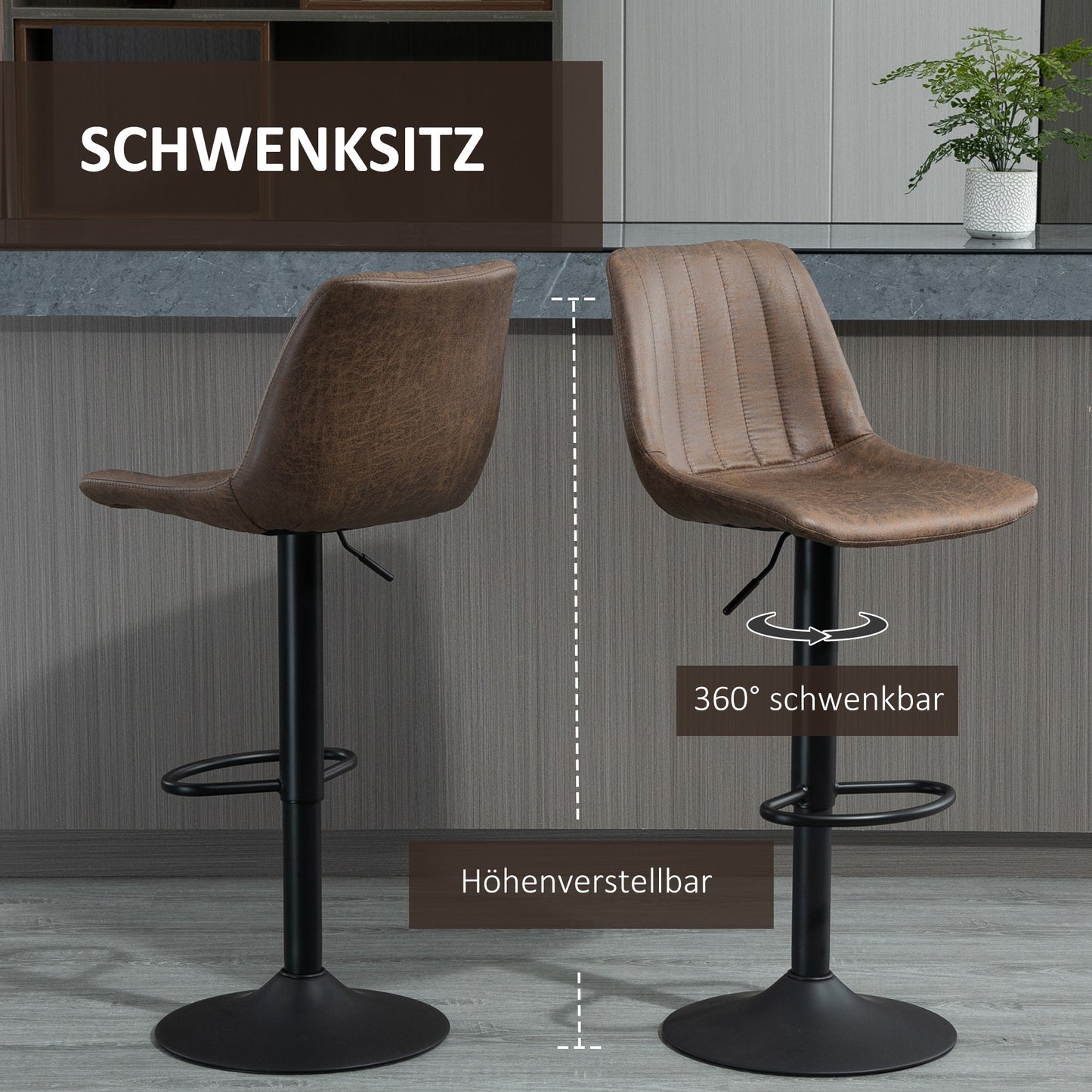 HOMCOM 2er-Set Barhocker من التصميم الرجعي، بالحبر. Fußstütze، höhenverstellbar، Gaslift، Braun + Schwarz