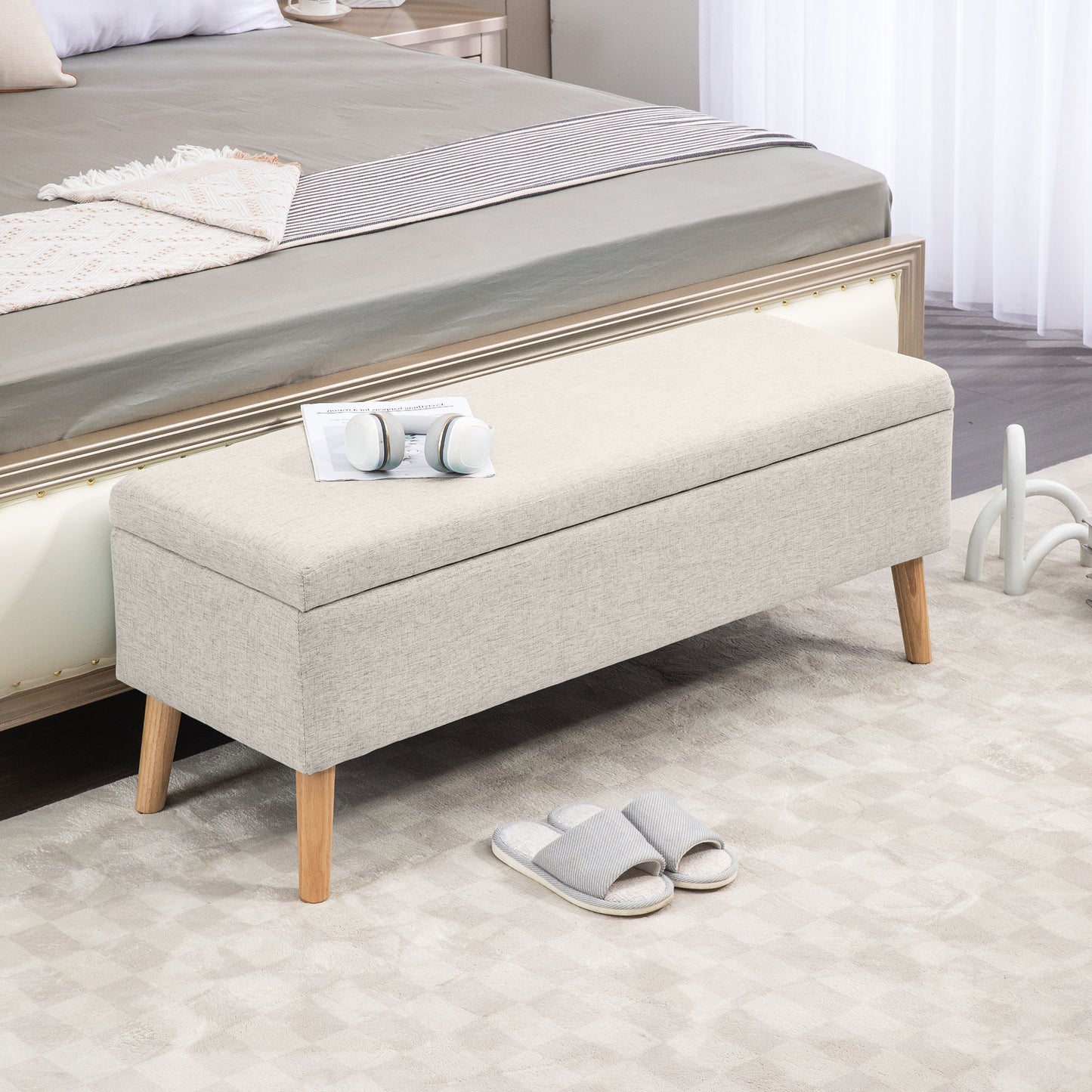 HOMCOM Sitzbank mit Stauraum, bis 220 kg, Leinenoptik, 110x39x45cm, Beige