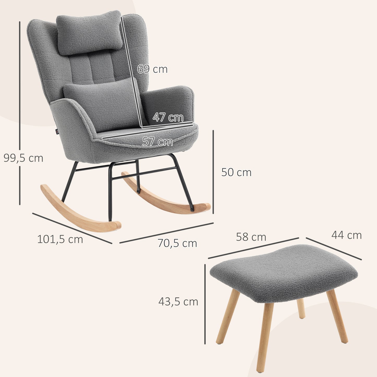 HOMCOM Schaukelstuhl mit Fußhocker، Weicher Fleece-Bezug، Holzbeine، Kissen، hohe Rückenlehne، Schaukelsessel، Dunkelgrau