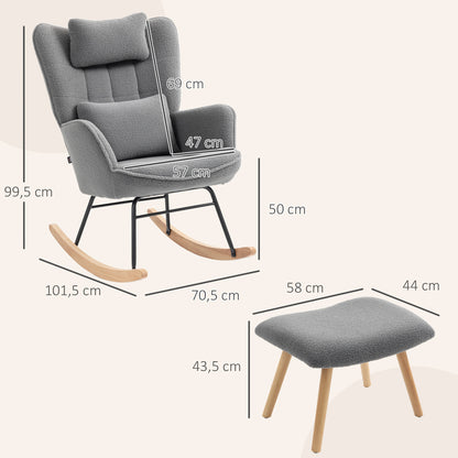 HOMCOM Schaukelstuhl mit Fußhocker، Weicher Fleece-Bezug، Holzbeine، Kissen، hohe Rückenlehne، Schaukelsessel، Dunkelgrau