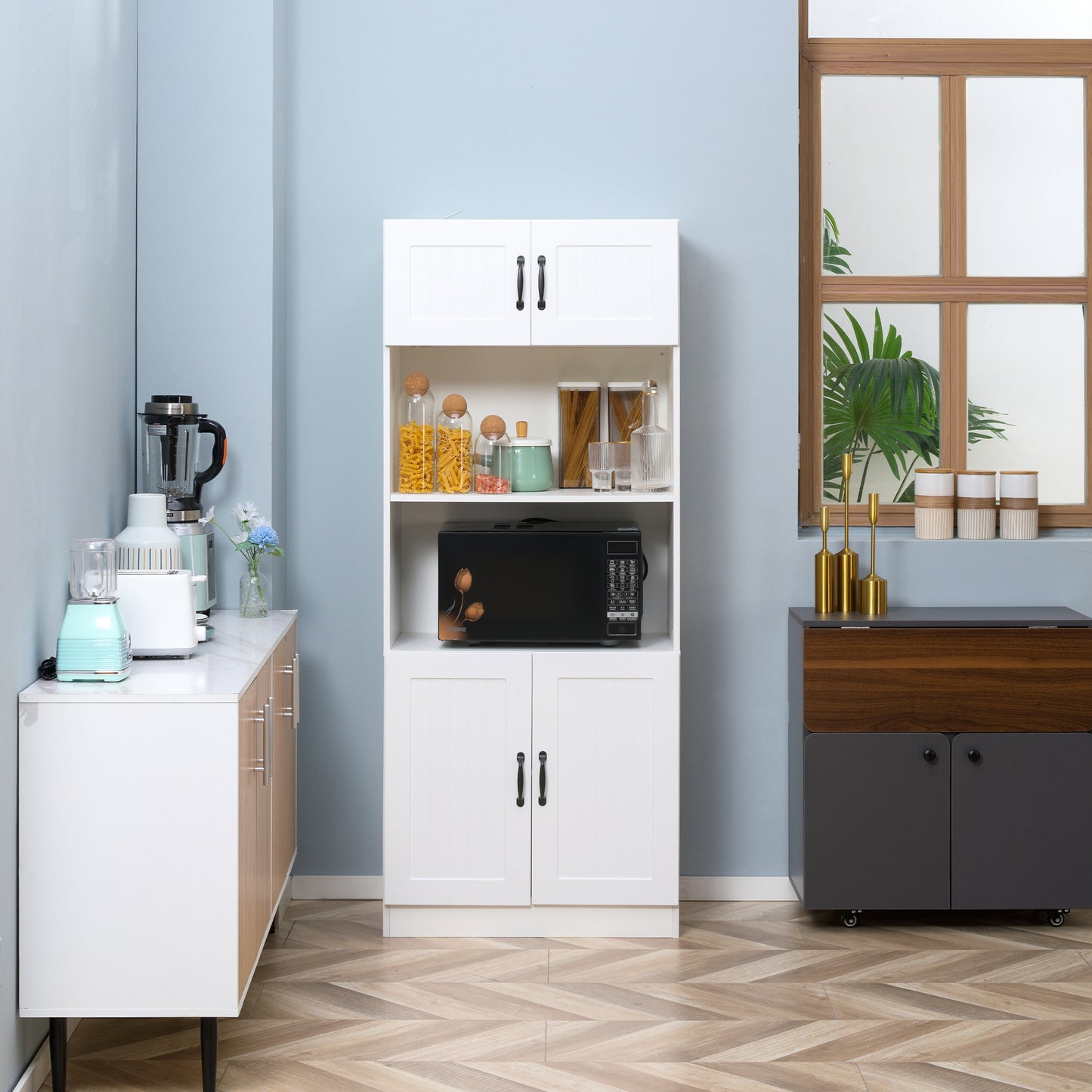 HOMCOM Küchenschrank Küchenbüffet Schrank, Landhausstil, 2 Schränke, 2 Regale, 70 cm x 40 cm x 170 cm Weiß + Schwarz